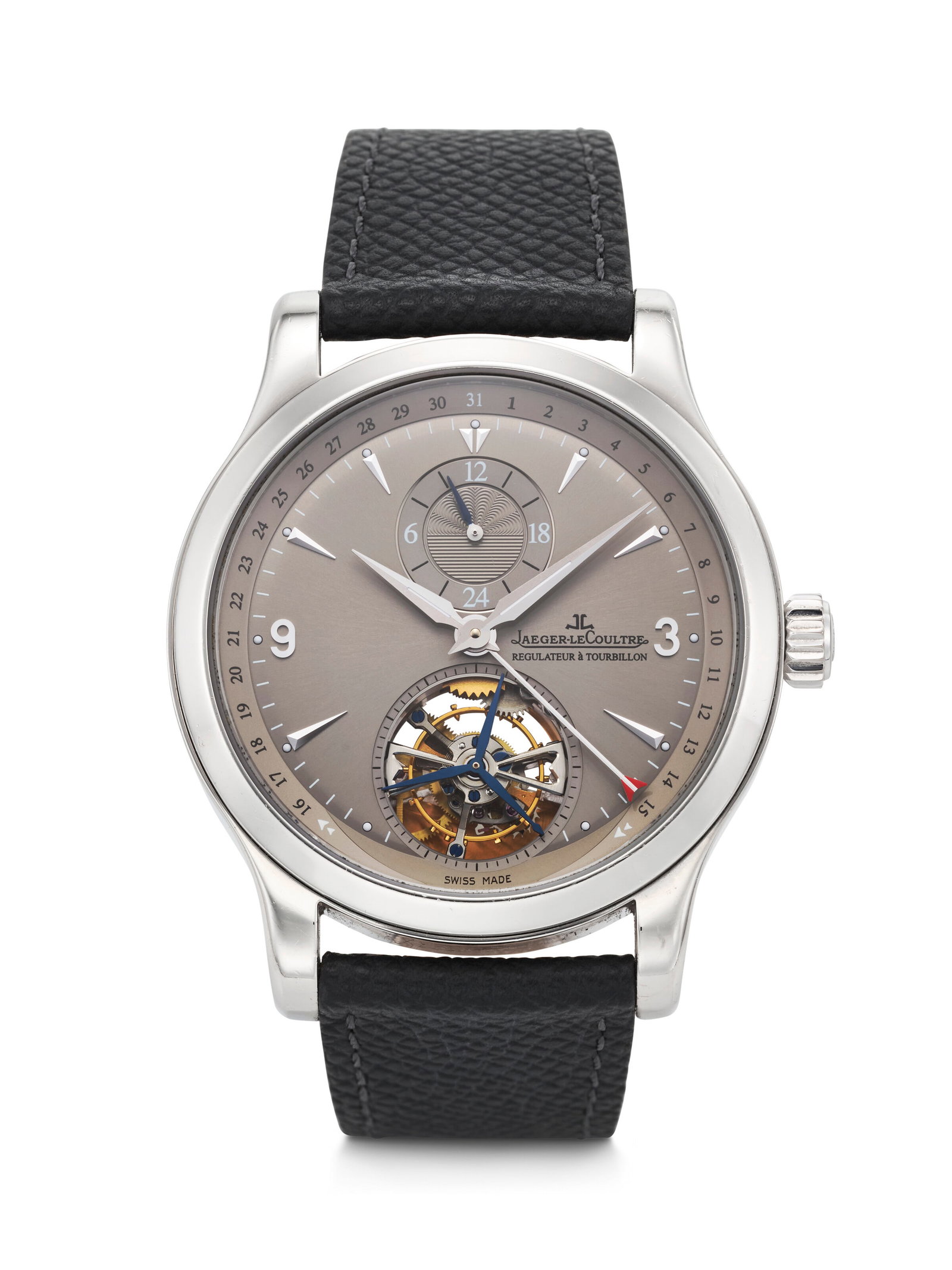 JAEGER-LECOULTRE. AN IMPRESSIVE AND HEAVY LIMITED EDITION SEMI-SKELETONIZED PLATINUM AUTOMATIC DUAL (1 of 3)