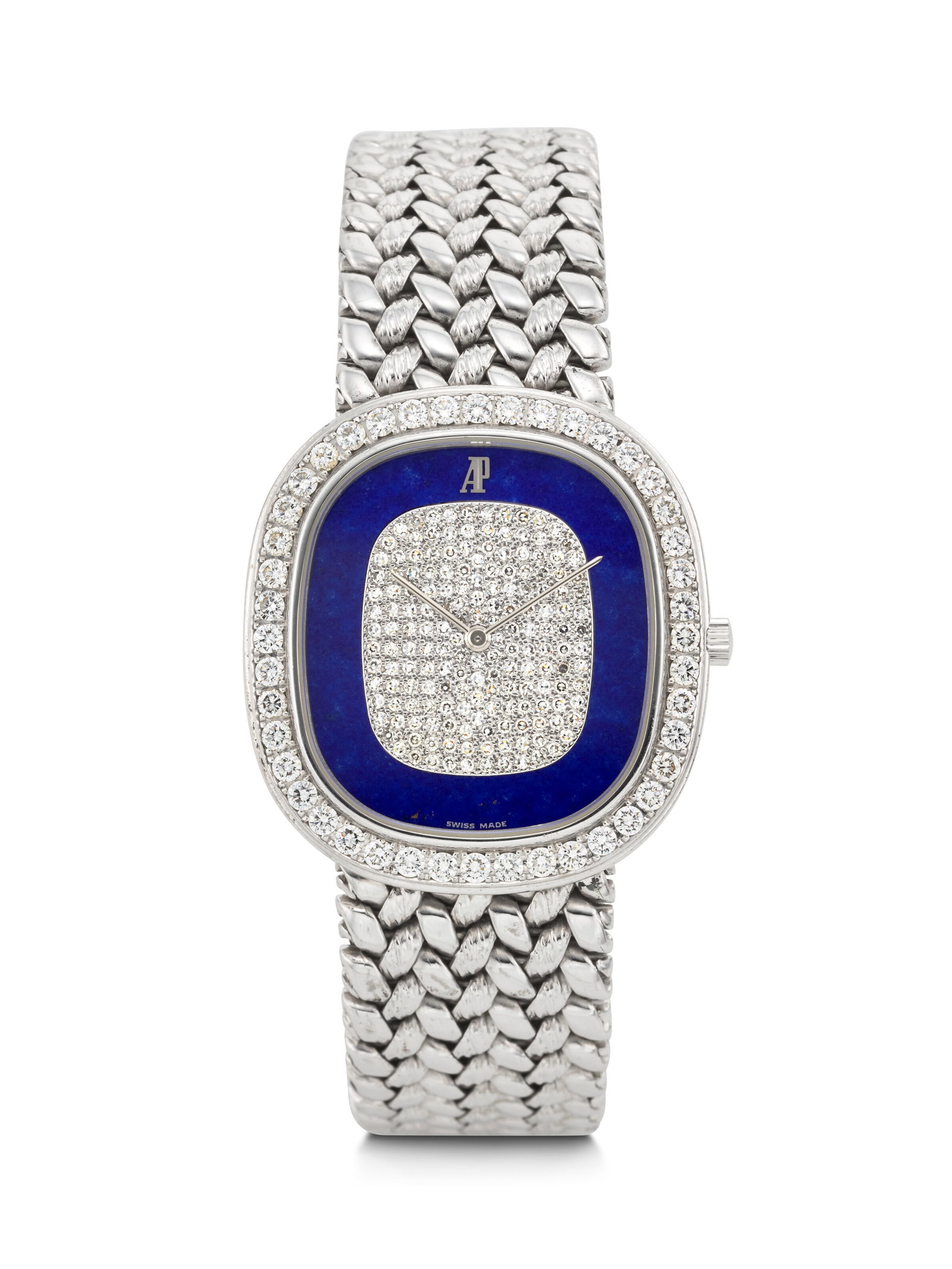 AUDEMARS PIGUET. AN ELEGANT AND RARE 18K WHITE GOLD AND DIAMOND-SET WRISTWATCH WITH DIAMOND AND: AUDEMARS PIGUET. AN ELEGANT AND RARE 18K WHITE GOLD AND DIAMOND-SET WRISTWATCH WITH DIAMOND AND LAPIS LAZULI DIAL REF. 14726BC, MOVEMENT NO. 338'979, CASE NO. D 726, CIRCA 1990s Details AUDEMARS PIGUE