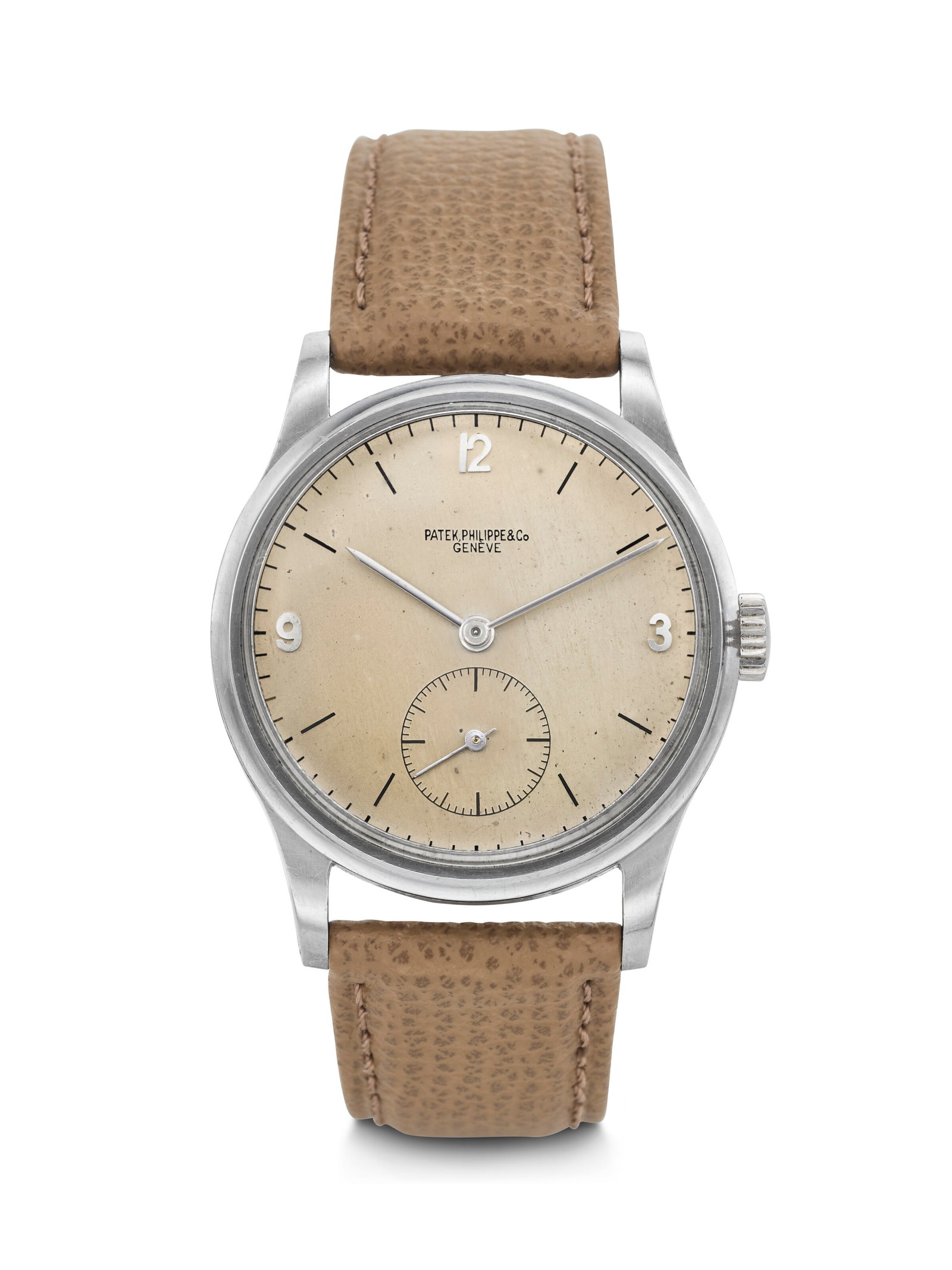 PATEK PHILIPPE. A SUPREMELY RARE, COVETED AND LARGE STAINLESS STEEL WRISTWATCH WITH CONCAVE BEZEL: PATEK PHILIPPE. A SUPREMELY RARE, COVETED AND LARGE STAINLESS STEEL WRISTWATCH WITH CONCAVE BEZEL CALATRAVA MODEL, REF. 530, MOVEMENT NO. 925'294, CASE NO. 508'652, 14, MANUFACTURED IN 1944 Details PA