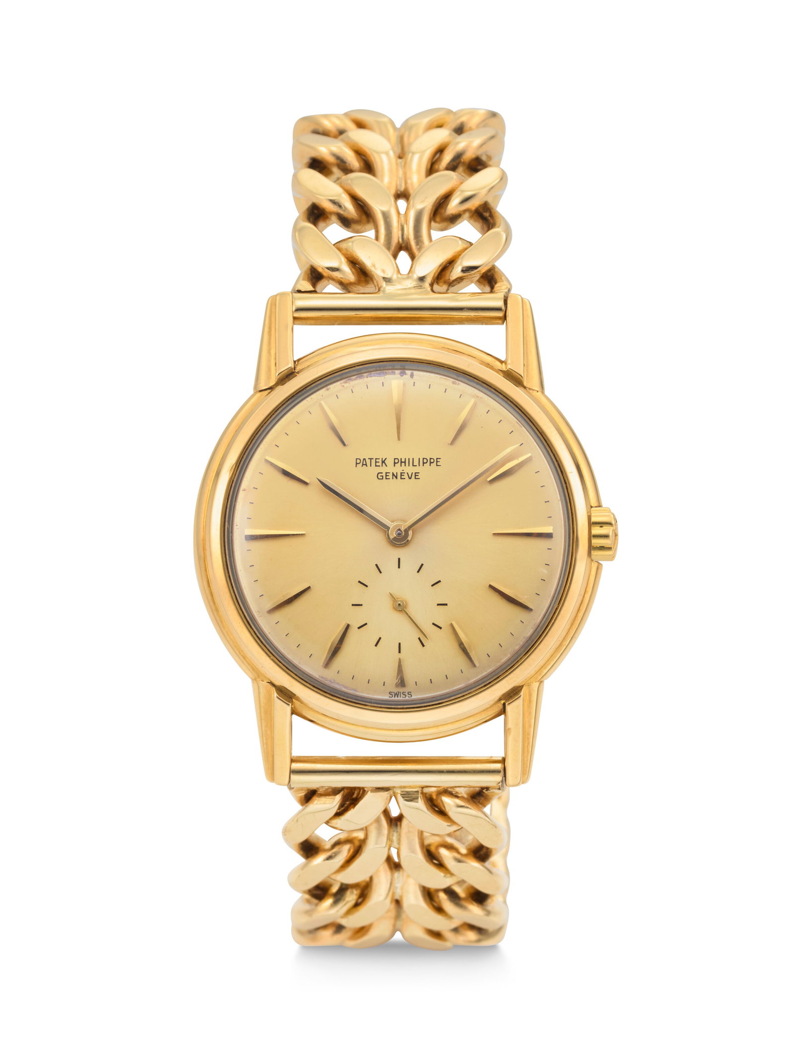 PATEK PHILIPPE. A VERY RARE, ELEGANT AND HEAVY 18K GOLD AUTOMATIC WRISTWATCH WITH BRACELET: PATEK PHILIPPE. A VERY RARE, ELEGANT AND HEAVY 18K GOLD AUTOMATIC WRISTWATCH WITH BRACELET CALATRAVA MODEL, REF. 3444, MOVEMENT NO. 1'112'099, CASE NO. 2'628'024, MANUFACTURED IN 1962 Details PATEK PH