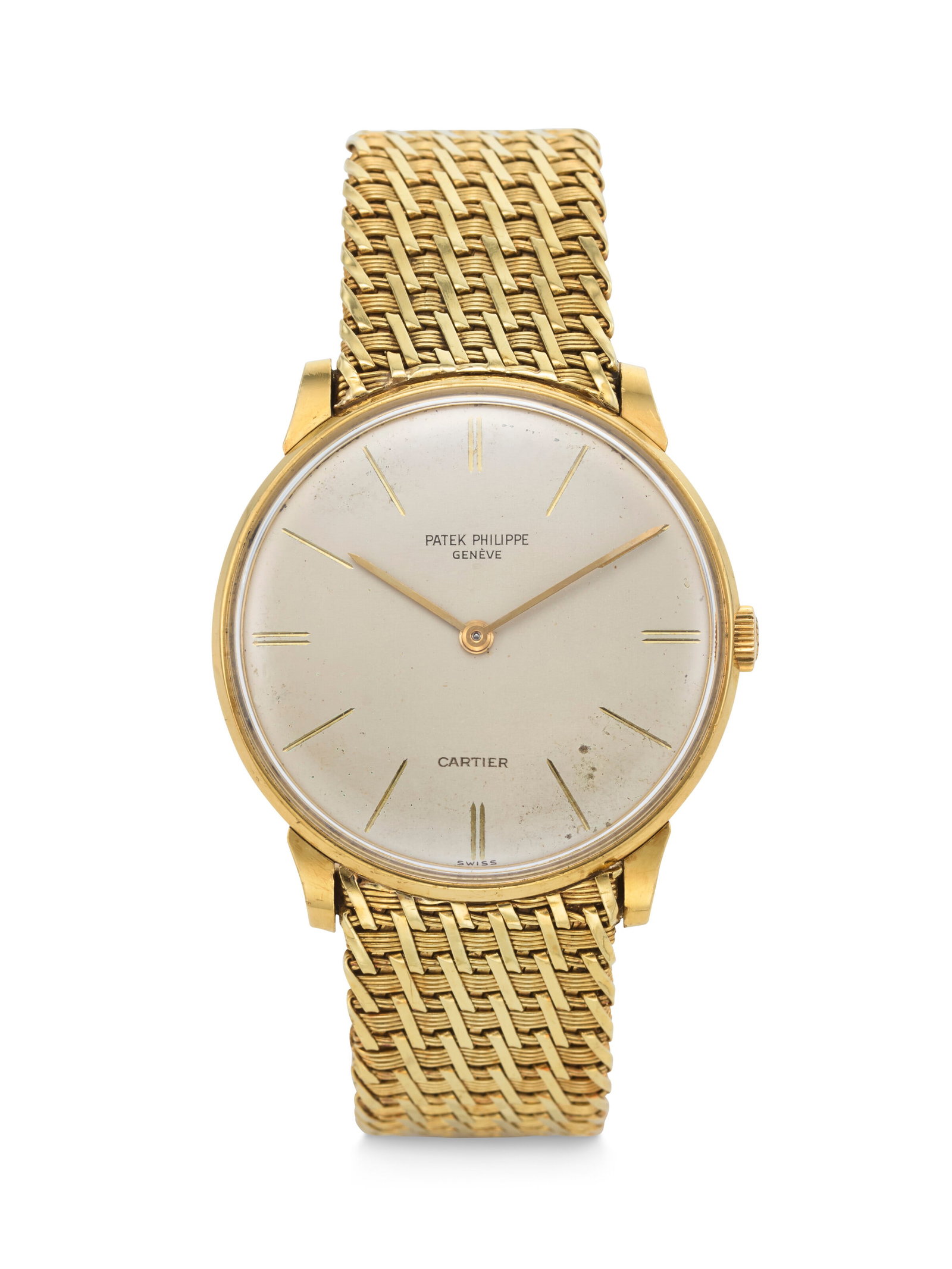 PATEK PHILIPPE. AN EXTREMELY RARE AND ELEGANT 18K GOLD WRISTWATCH WITH 18K GOLD BRACELET, RETAILED: PATEK PHILIPPE. AN EXTREMELY RARE AND ELEGANT 18K GOLD WRISTWATCH WITH 18K GOLD BRACELET, RETAILED BY CARTIER CALATRAVA MODEL, RETAILED BY CARTIER, REF. 2573⁄1, MOVEMENT NO. 792'731, CASE NO. 42