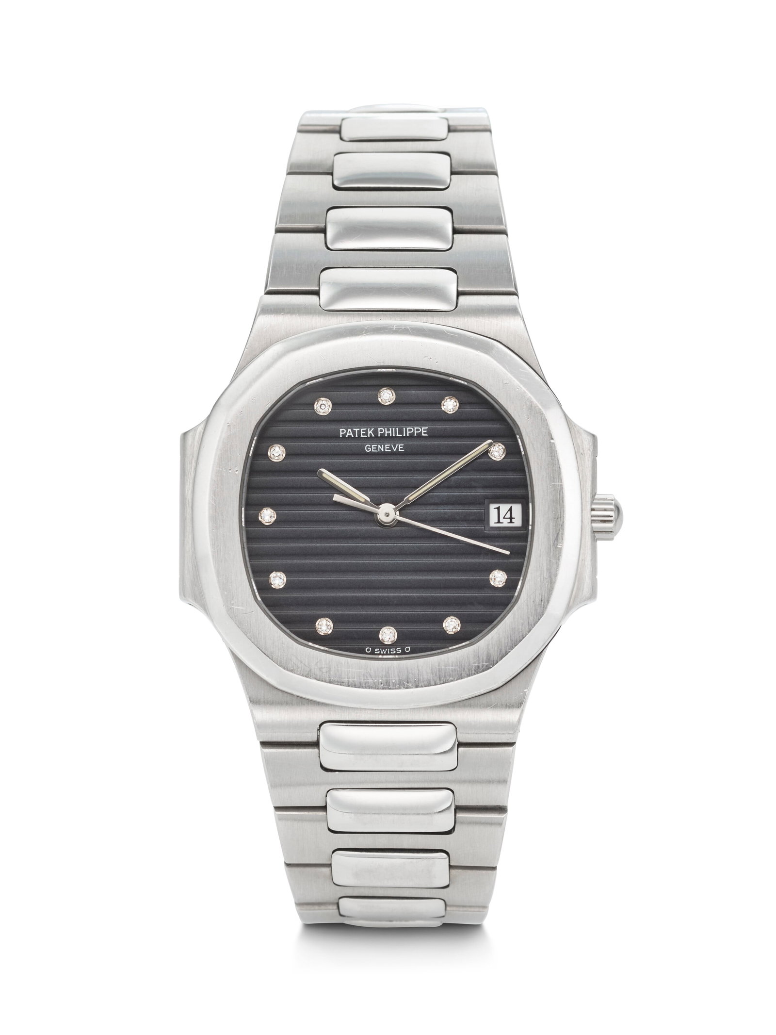 PATEK PHILIPPE. A SPORTY AND ELEGANT STAINLESS STEEL QUARTZ WRISTWATCH WITH DIAMOND-SET DIAL AND (1 of 3)
