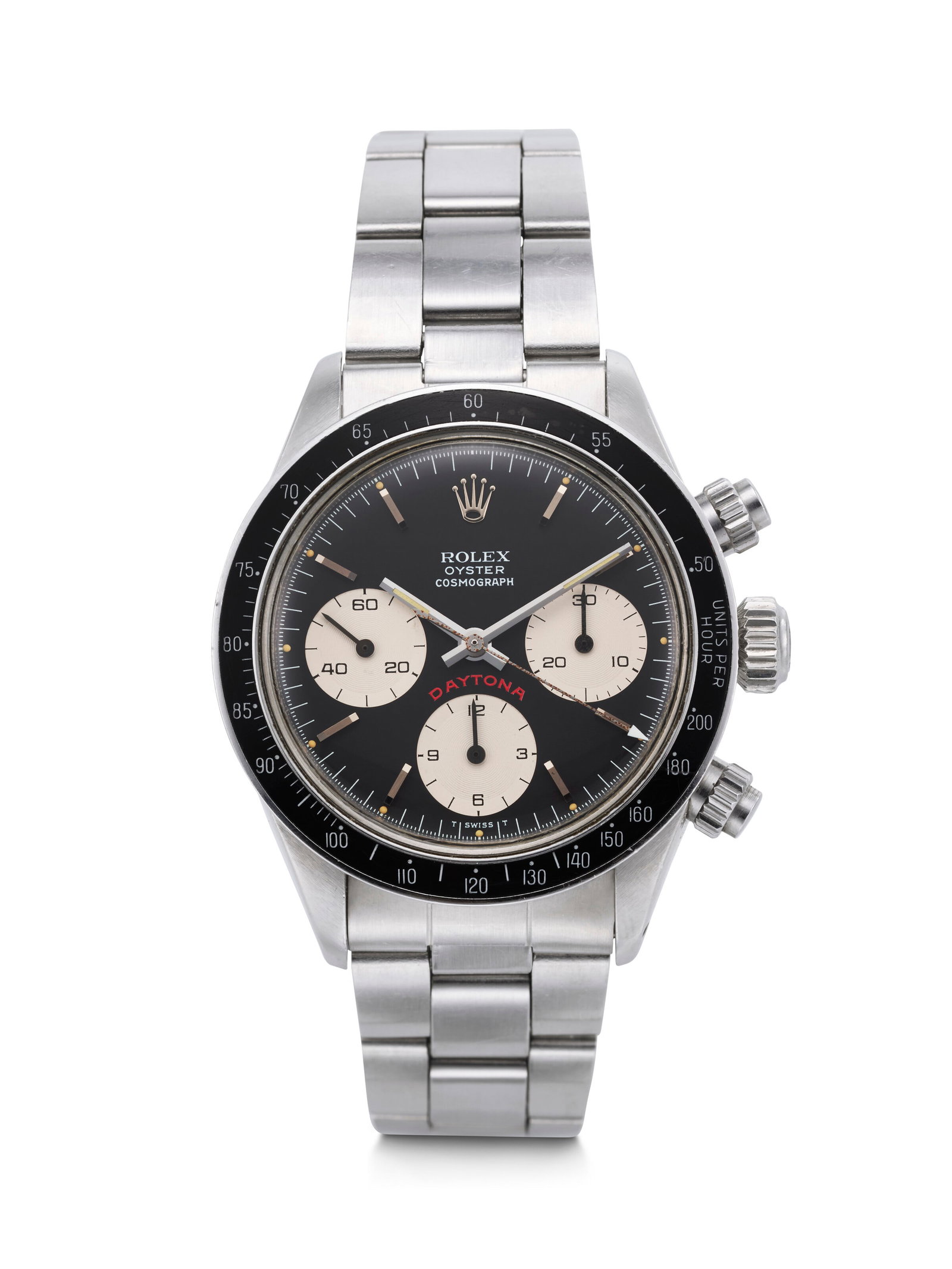 ROLEX. A WELL-PRESERVED AND COVETED STAINLESS STEEL CHRONOGRAPH WRISTWATCH WITH BRACELET 'FLOATING: ROLEX. A WELL-PRESERVED AND COVETED STAINLESS STEEL CHRONOGRAPH WRISTWATCH WITH BRACELET 'FLOATING BIG RED' DAYTONA MODEL, REF. 6263, CASE NO. 4'128'753, CIRCA 1976 Details ROLEX. A WELL-PRESERVED AND