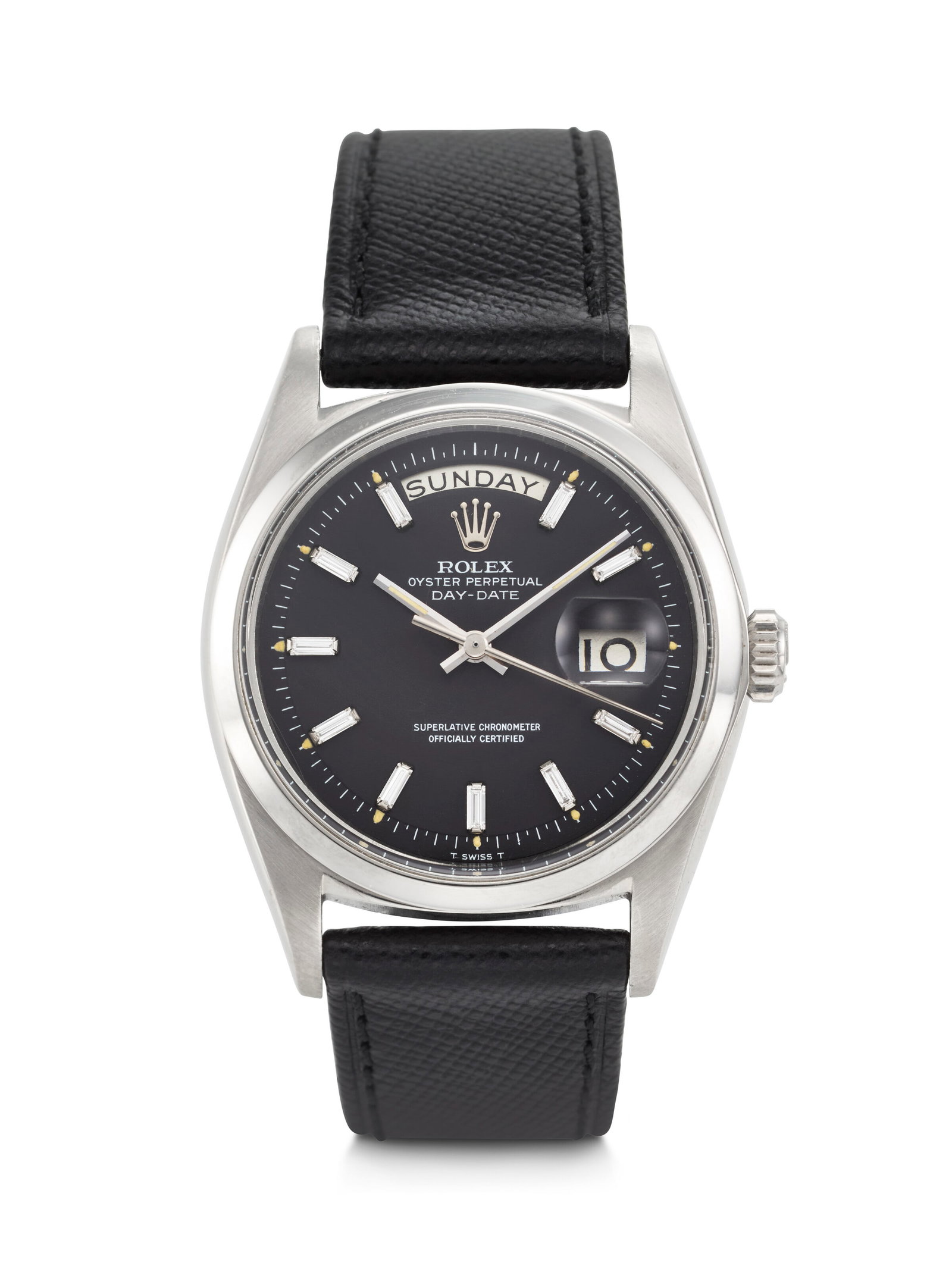 ROLEX. A SUPREMELY RARE, HIGHLY ATTRACTIVE, AND COVETED PLATINUM AUTOMATIC WRISTWATCH WITH DAY,: ROLEX. A SUPREMELY RARE, HIGHLY ATTRACTIVE, AND COVETED PLATINUM AUTOMATIC WRISTWATCH WITH DAY, DATE, AND MATTE BLACK BAGUETTE DIAMOND DIAL DAY-DATE MODEL, REF. 6612/B, CASE NO. 382'921, CIRCA 1958 De