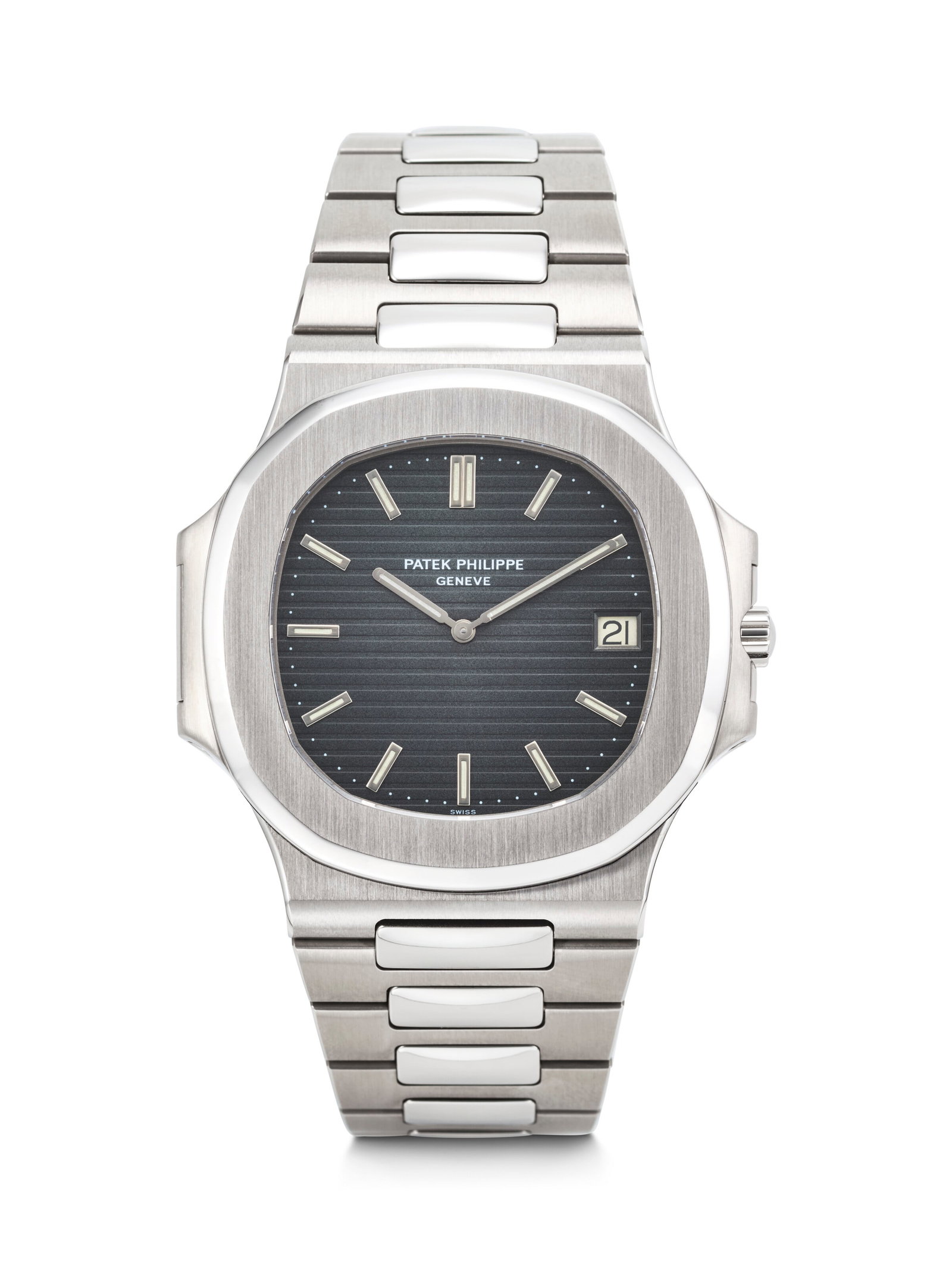 PATEK PHILIPPE. A COVETED AND SPORTY STAINLESS STEEL AUTOMATIC WRISTWATCH WITH DATE, BRACELET AND: PATEK PHILIPPE. A COVETED AND SPORTY STAINLESS STEEL AUTOMATIC WRISTWATCH WITH DATE, BRACELET AND CORK PRESENTATION BOX NAUTILUS 'JUMBO' MODEL, REF. 3700⁄1, MOVEMENT NO. 1’305’650, C