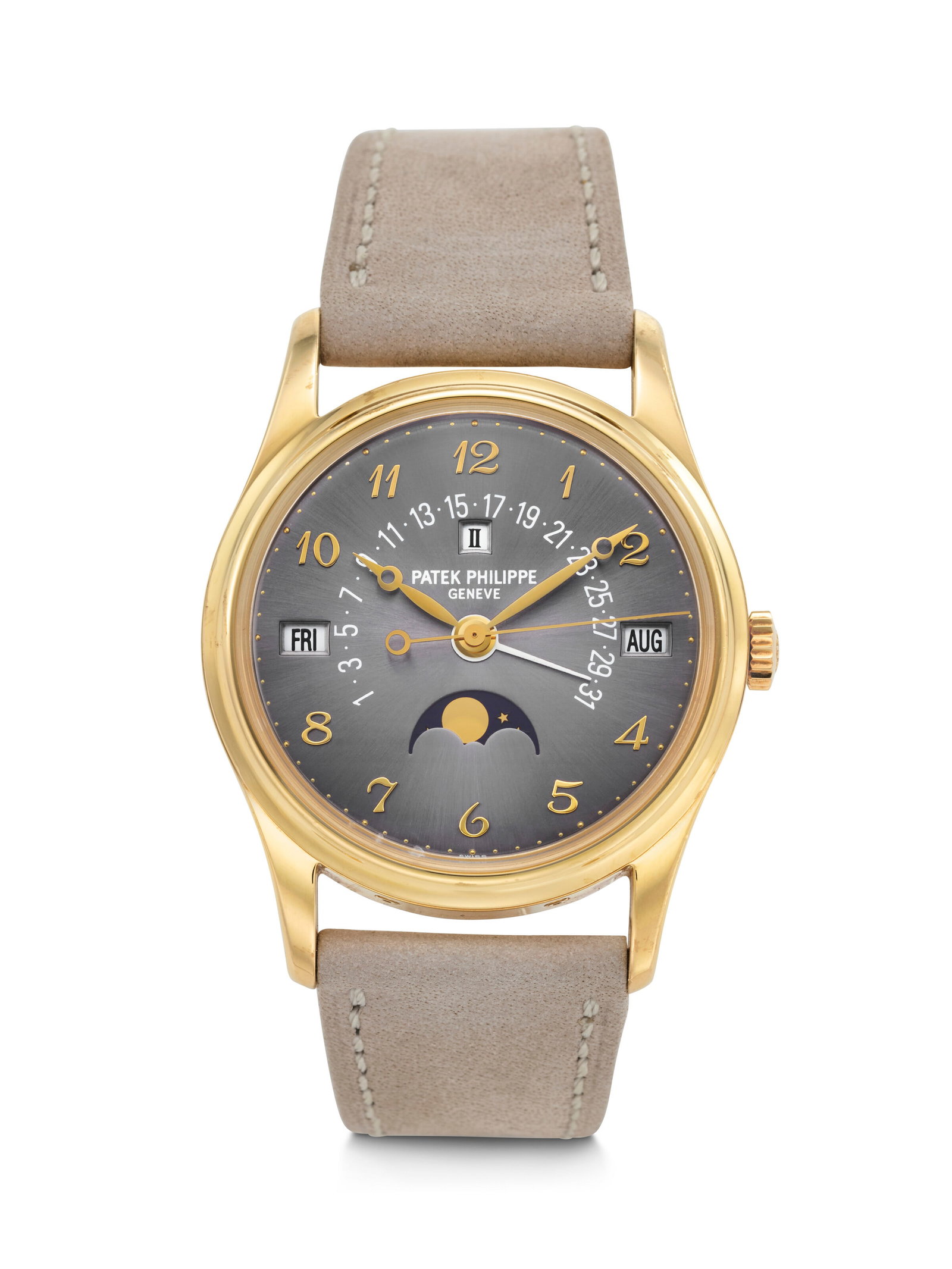 PATEK PHILIPPE. AN EXTREMELY RARE, ELEGANT AND UNUSUAL 18K GOLD AUTOMATIC PERPETUAL CALENDAR (1 of 4)
