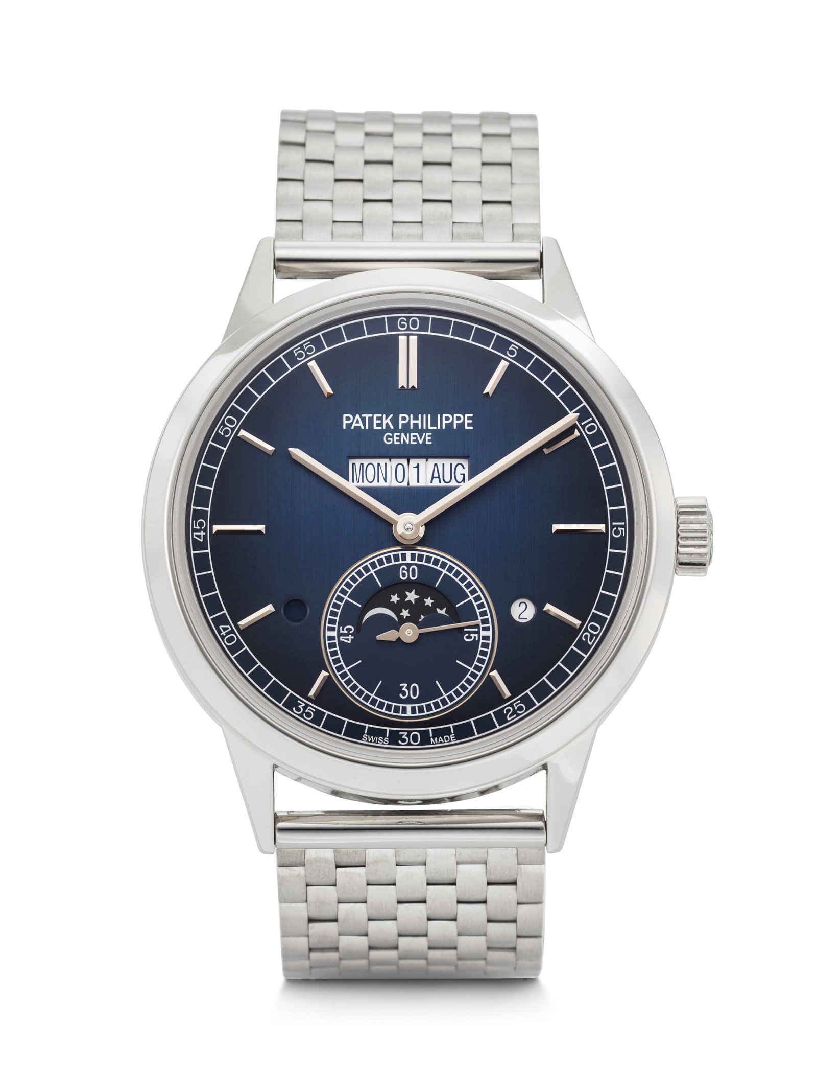 PATEK PHILIPPE. A VERY ATTRACTIVE, ELEGANT AND HEAVY PLATINUM AUTOMATIC IN-LINE PERPETUAL CALENDAR (1 of 4)