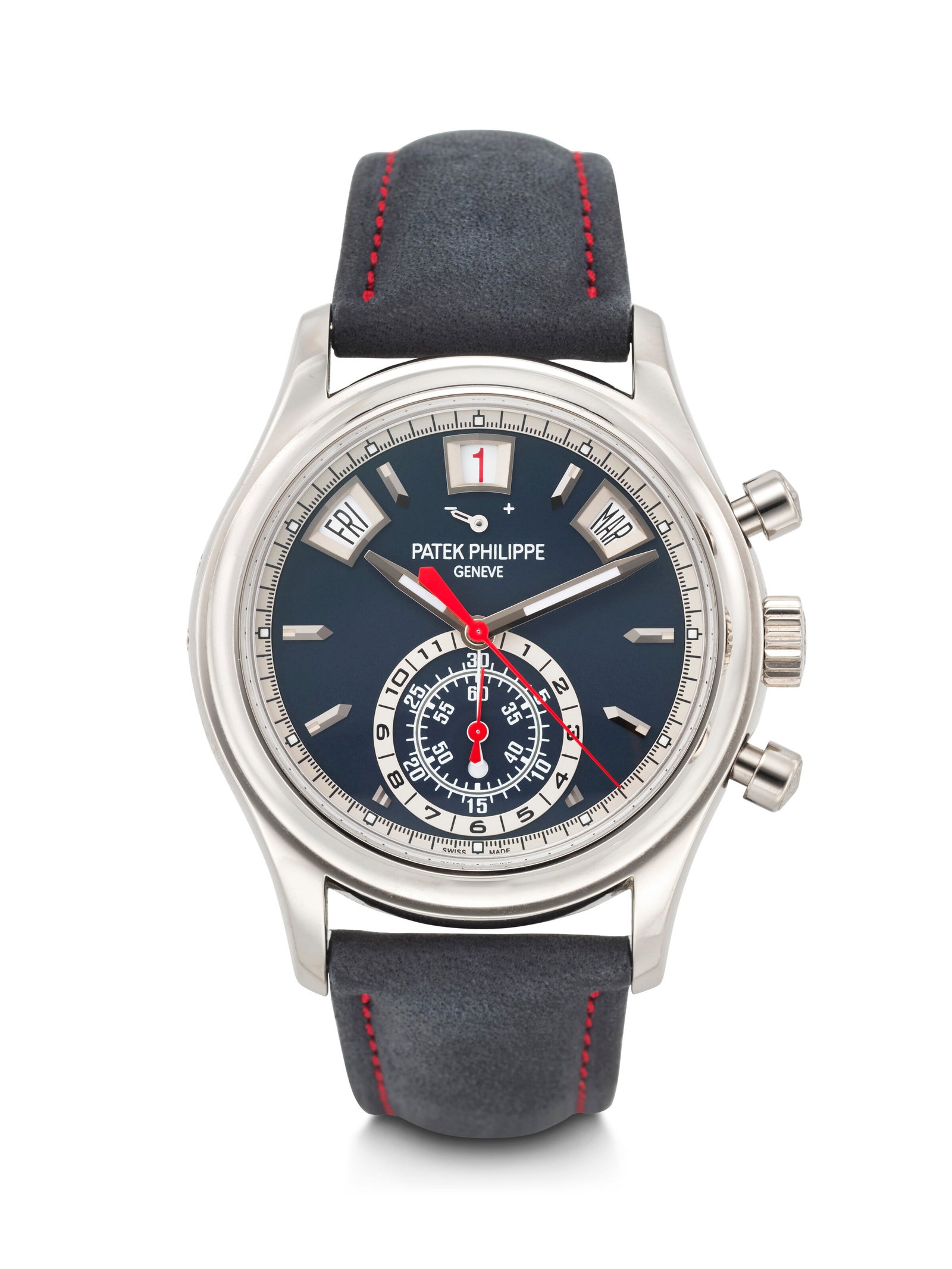 PATEK PHILIPPE. AN ATTRACTIVE 18K WHITE GOLD AUTOMATIC ANNUAL CALENDAR FLYBACK CHRONOGRAPH: PATEK PHILIPPE. AN ATTRACTIVE 18K WHITE GOLD AUTOMATIC ANNUAL CALENDAR FLYBACK CHRONOGRAPH WRISTWATCH WITH POWER RESERVE AND DAY/NIGHT INDICATION MOVEMENT NO. 7'125'324, CASE NO. 6'217'602, CIRCA 2018