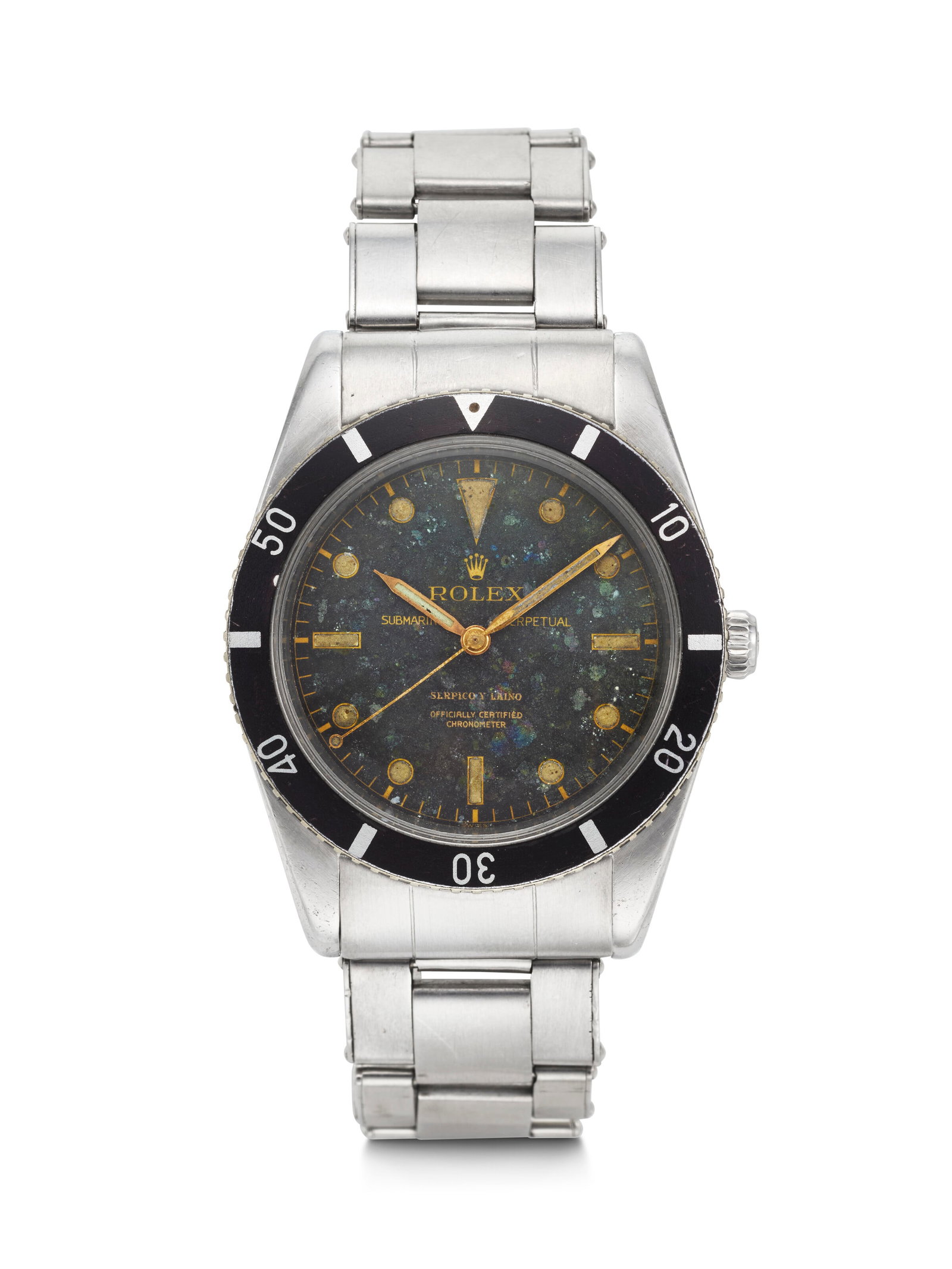 ROLEX, RETAILED BY SERPICO Y LAINO. A SUPREMLY RARE, EARLY AND HISTORICALLY IMPORTANT STAINLESS: ROLEX, RETAILED BY SERPICO Y LAINO. A SUPREMLY RARE, EARLY AND HISTORICALLY IMPORTANT STAINLESS STEEL AUTOMATIC WRISTWATCH SWEEP CENTER SECONDS, BRACELET AND ‘SPLIT LOGO’ DIAL SUBMARINER &