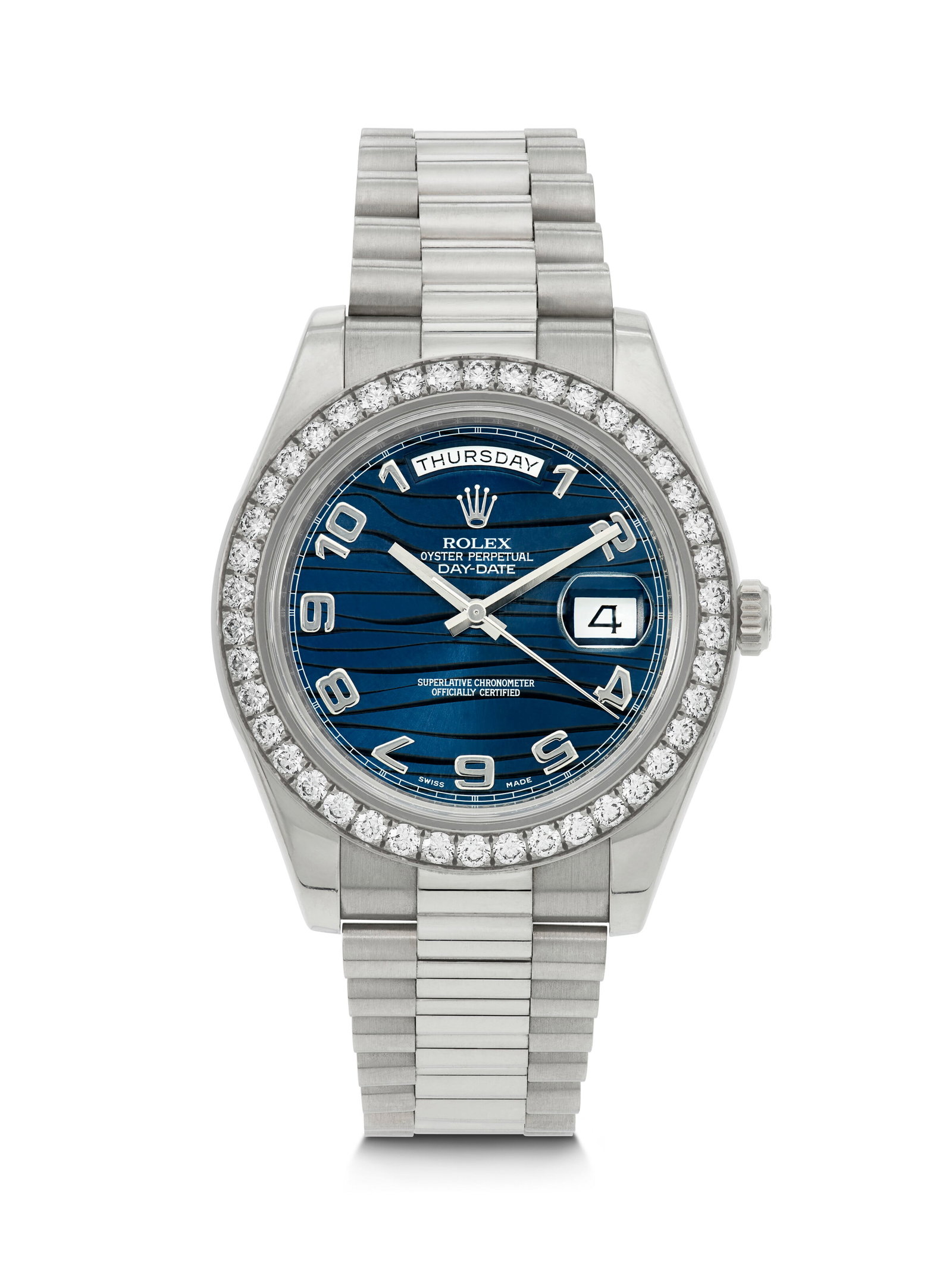 ROLEX. A LARGE AND DAZZLING 18K WHITE GOLD AND DIAMOND-SET AUTOMATIC WRISTWATCH WITH DAY, DATE, AND (1 of 4)