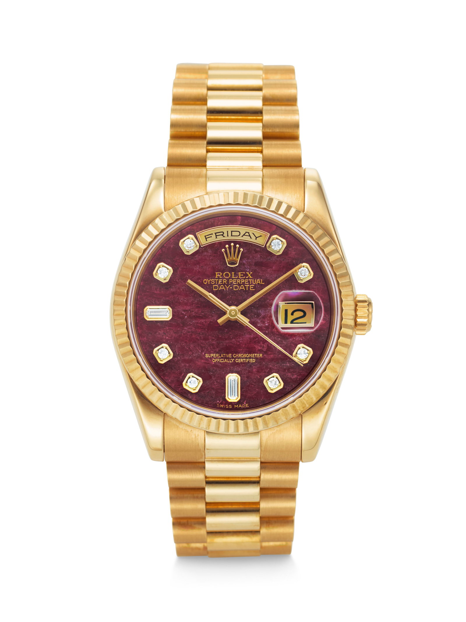 ROLEX. AN EXTREMELY ATTRACTIVE 18K GOLD AND DIAMOND-SET AUTOMATIC WRISTWATCH WITH DAY, DATE,: ROLEX. AN EXTREMELY ATTRACTIVE 18K GOLD AND DIAMOND-SET AUTOMATIC WRISTWATCH WITH DAY, DATE, BRACELET, AND GROSSULAR GARNET RUBELLITE DIAL DAY-DATE MODEL, REF. 118238, CASE NO. F374644, CIRCA 2003 Det