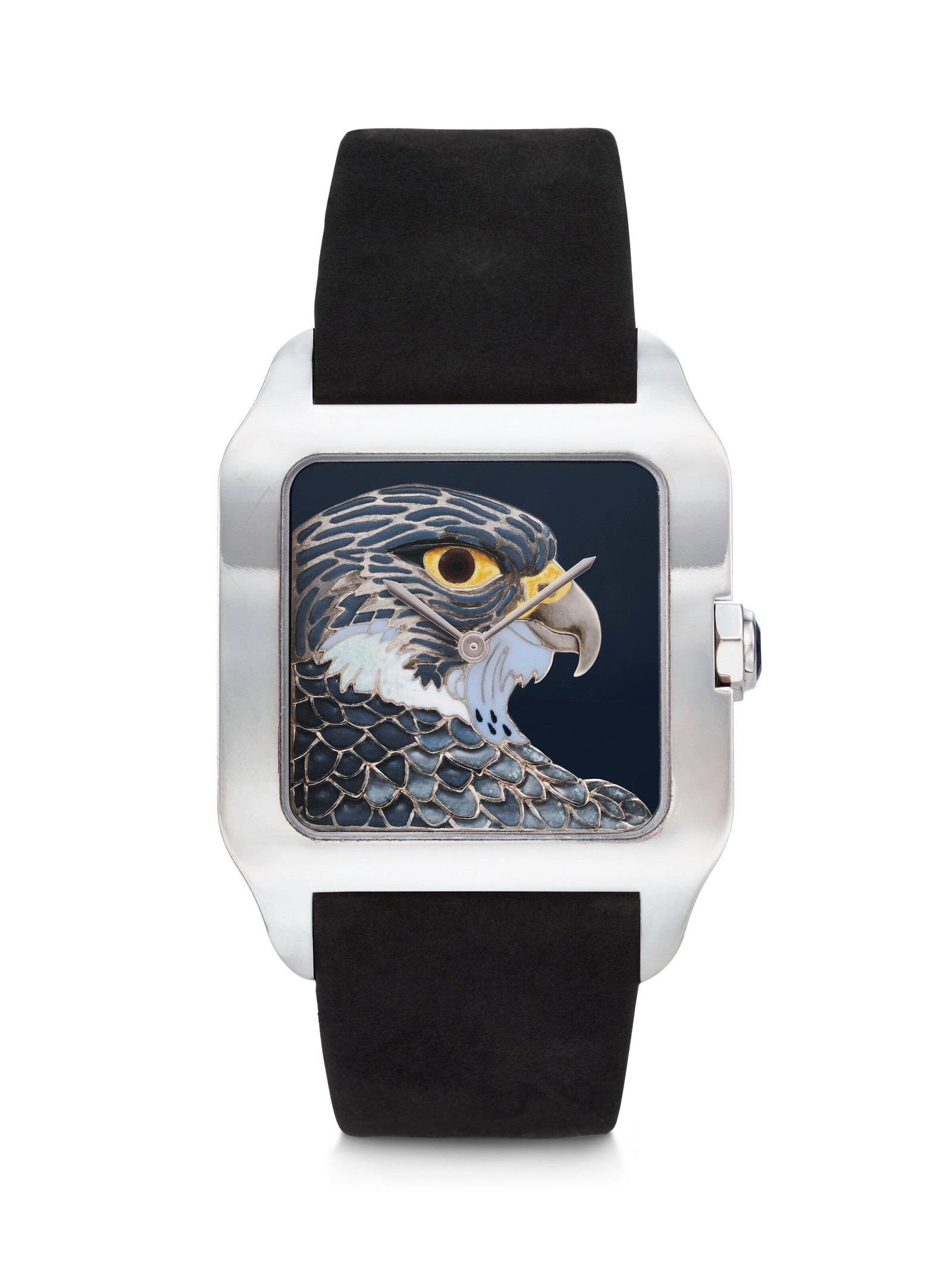 CARTIER. AN EYE-CATCHING LIMITED EDITION 18K WHITE GOLD CUSHION-SHAPED WRISTWATCH WITH CHAMPLEVÉ: CARTIER. AN EYE-CATCHING LIMITED EDITION 18K WHITE GOLD CUSHION-SHAPED WRISTWATCH WITH CHAMPLEVÉ ENAMEL DIAL SANTOS-DUMONT XL MODEL, REF. HPI00617, 3555, CASE NO. 51⁄80, CIRCA 2013 Details 