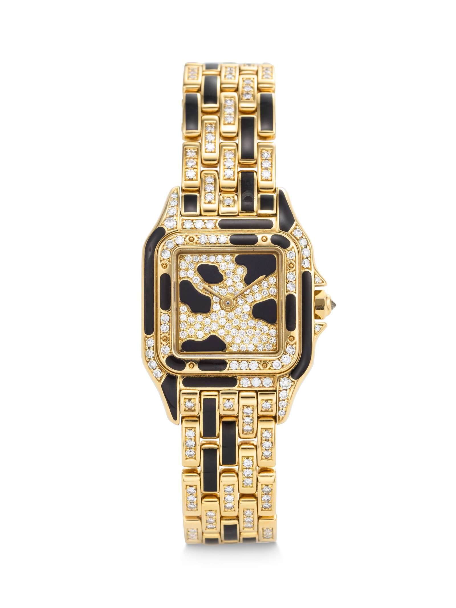 CARTIER. A VERY RARE AND UNUSUAL 18K GOLD, LACQUER AND DIAMOND-SET QUARTZ WRISTWATCH WITH BRACELET: CARTIER. A VERY RARE AND UNUSUAL 18K GOLD, LACQUER AND DIAMOND-SET QUARTZ WRISTWATCH WITH BRACELET PANTHÈRE MODEL, REF. 8057915, CASE NO. 02551, CIRCA 1990s Details CARTIER. A VERY RARE AND UNUSU