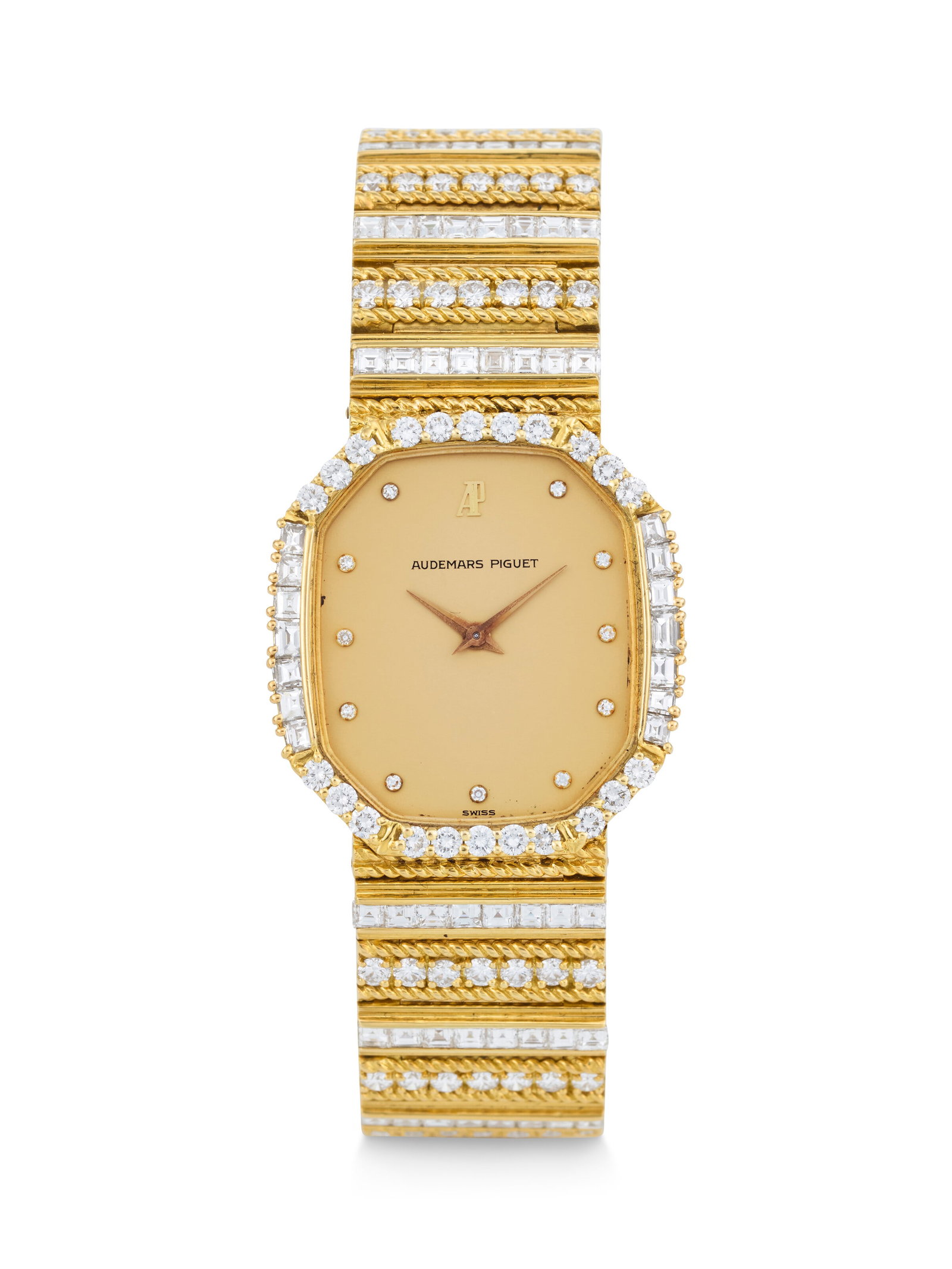 AUDEMARS PIGUET. A DAZZLING AND OPULENT 18K GOLD AND DIAMOND-SET BRACELET WATCH WITH DIAMOND DIAL: AUDEMARS PIGUET. A DAZZLING AND OPULENT 18K GOLD AND DIAMOND-SET BRACELET WATCH WITH DIAMOND DIAL MOVEMENT NO. 240'980, CASE NO. B 71241, CIRCA 1970s Details AUDEMARS PIGUET. A DAZZLING AND OPULENT 18
