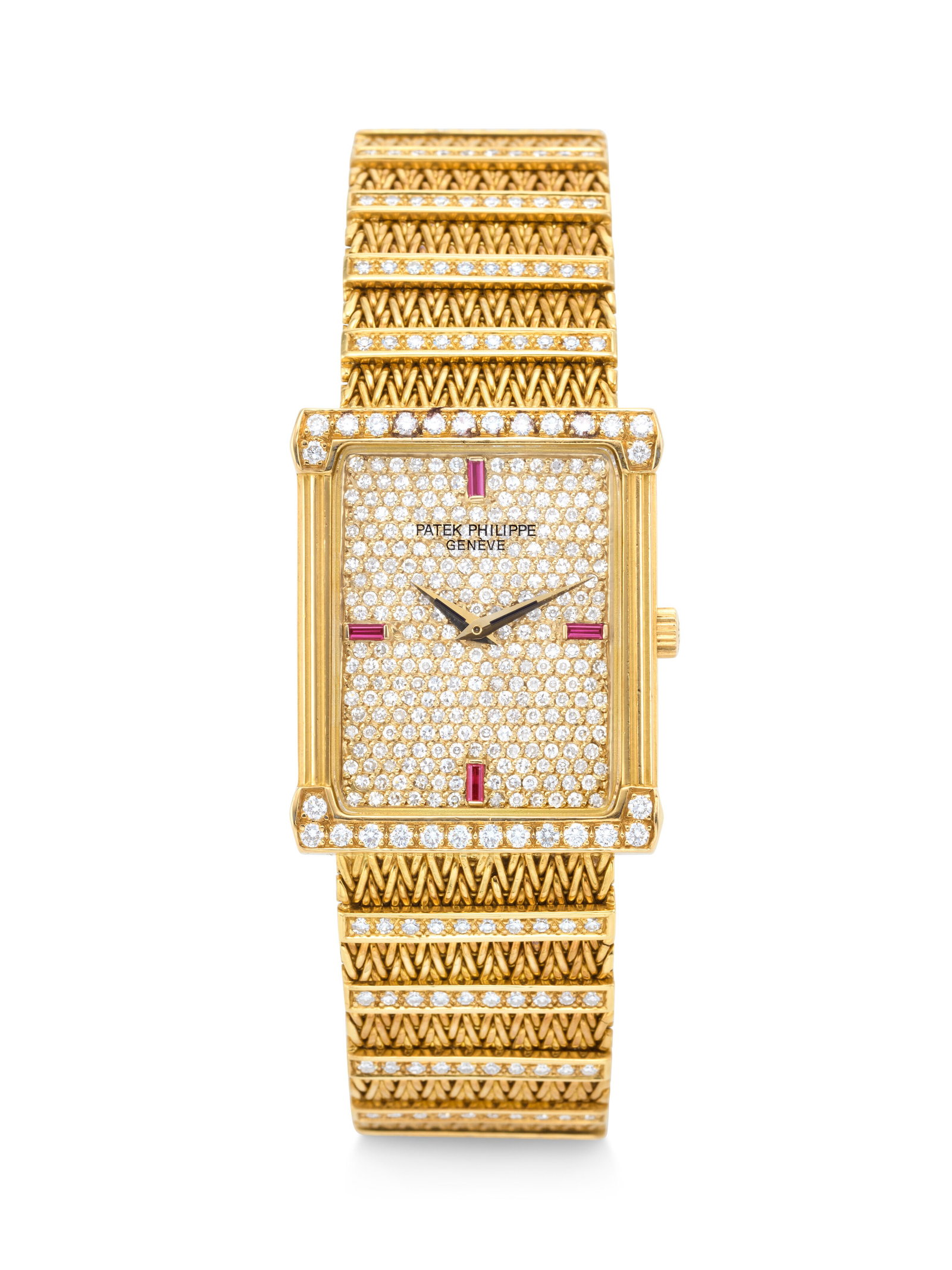 PATEK PHILIPPE. AN EXTREMELY ATTRACTIVE AND RARE 18K GOLD AND DIAMOND-SET RECTANGULAR BRACELET WATCH (1 of 4)