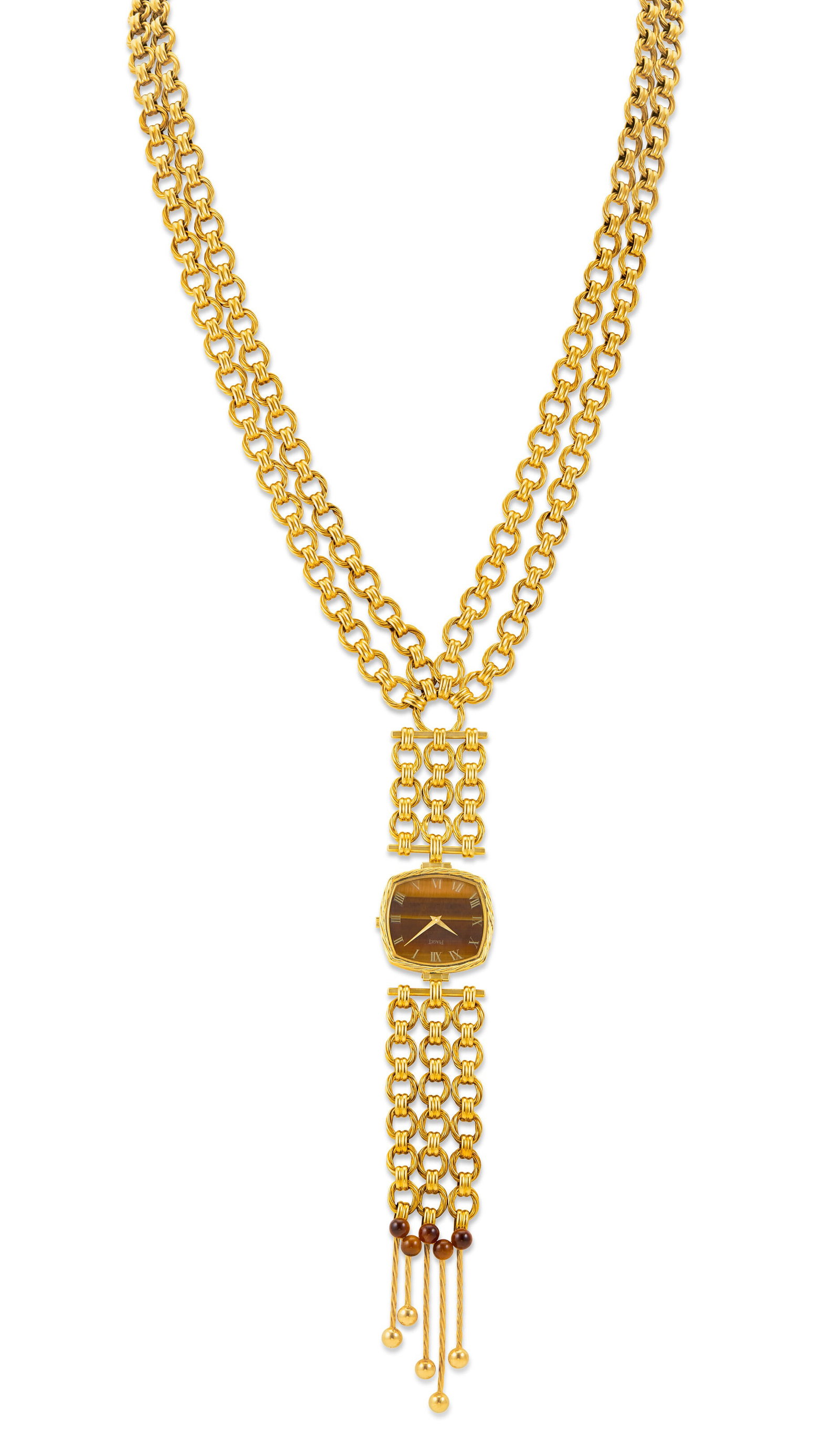 PIAGET. A HIGHLY OPULENT, RARE, AND HEAVY 18K GOLD AND TIGER'S EYE SAUTOIR NECKLACE WATCH 21st (1 of 4)
