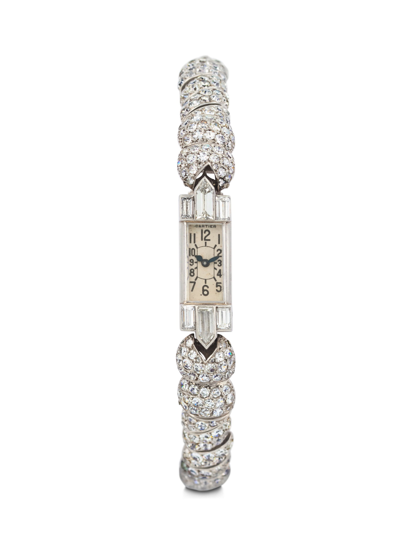 CARTIER. AN ELEGANT AND EYE-CATCHING PLATINUM AND DIAMOND-SET COCKTAIL BRACELET WATCH WITH BAGUETTE: CARTIER. AN ELEGANT AND EYE-CATCHING PLATINUM AND DIAMOND-SET COCKTAIL BRACELET WATCH WITH BAGUETTE BEZEL DUOPLAN MODEL, MOVEMENT BY EUROPEAN WATCH AND CLOCK CO. INC., NO. 4, CASE NO. 19'147, BRACELET