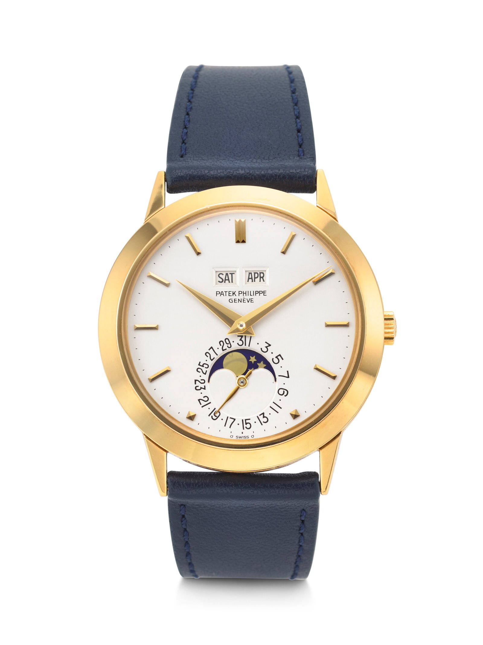 PATEK PHILIPPE. AN EXTREMELY UNUSUAL AND RARE 18K GOLD AUTOMATIC PERPETUAL CALENDAR WRISTWATCH WITH (1 of 4)
