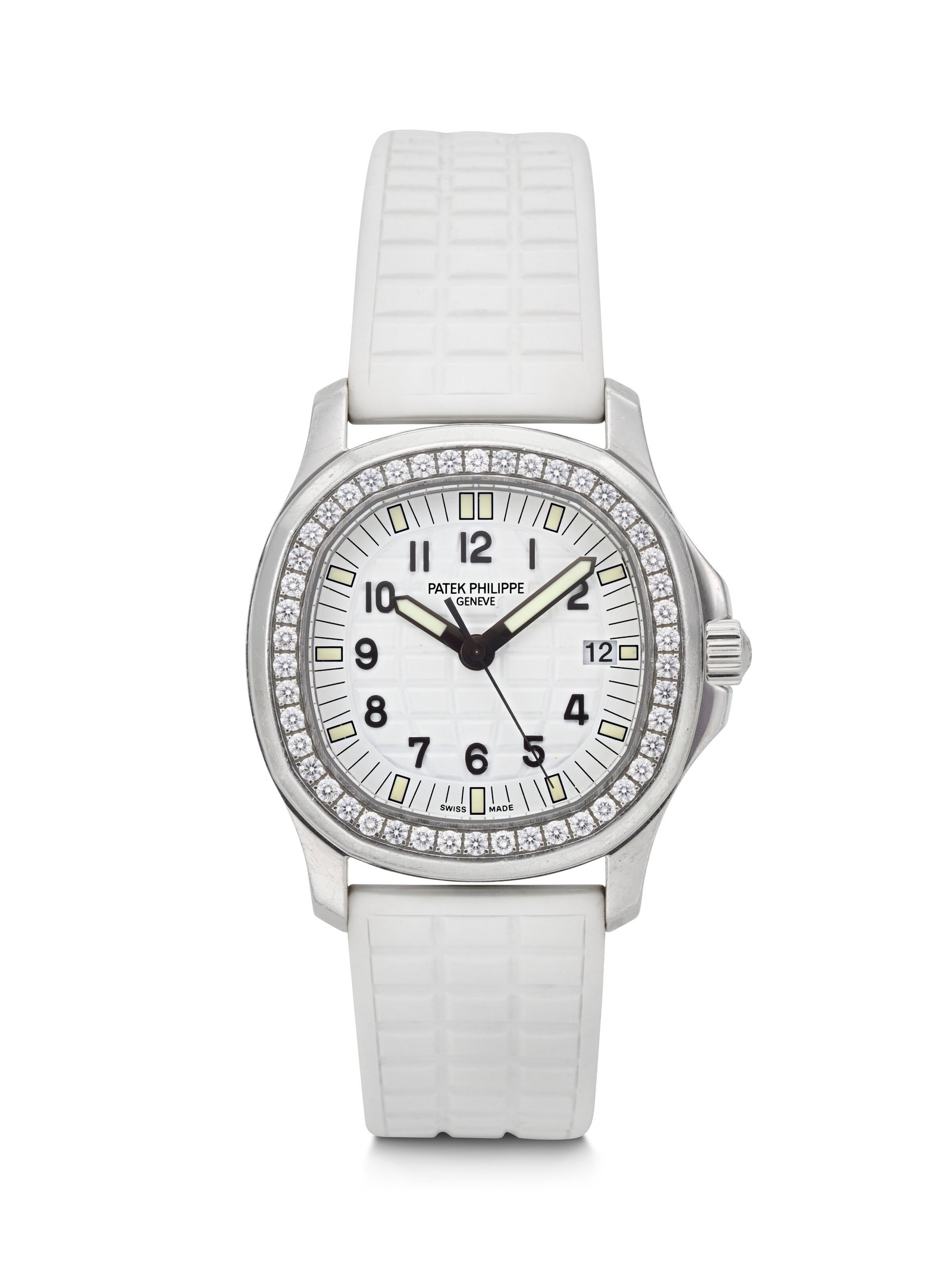 PATEK PHILIPPE. AN ATTRACTIVE AND SPORTY STAINLESS STEEL AND DIAMOND-SET QUARTZ WRISTWATCH WITH DATE: PATEK PHILIPPE. AN ATTRACTIVE AND SPORTY STAINLESS STEEL AND DIAMOND-SET QUARTZ WRISTWATCH WITH DATE AQUANAUT LUCE MODEL, REF. 5067A-011, MOVEMENT NO. 3'658'052, CASE NO. 4'853'332, CIRCA 2011 Details