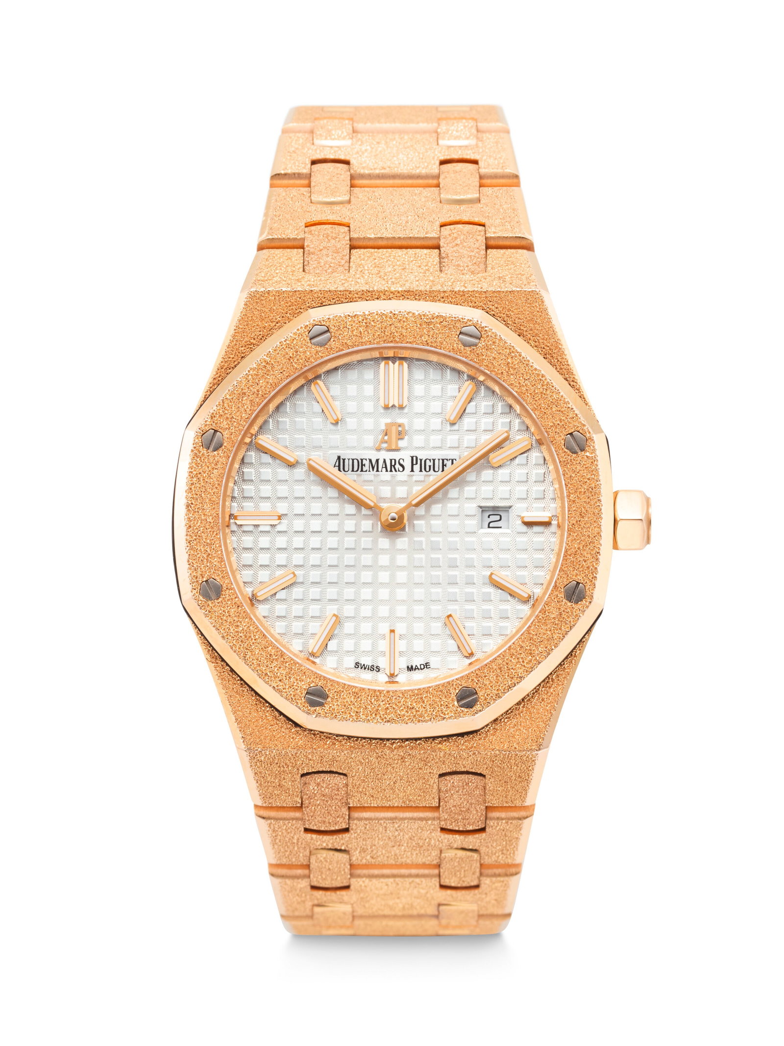 AUDEMARS PIGUET. A VERY RARE AND ATTRACTIVE 18K 'FROSTED' PINK GOLD QUARTZ WRISTWATCH WITH DATE AND: AUDEMARS PIGUET. A VERY RARE AND ATTRACTIVE 18K 'FROSTED' PINK GOLD QUARTZ WRISTWATCH WITH DATE AND BRACELET, CREATED IN COLLABORATION WITH FLORENTINE JEWELRY DESIGNER CAROLINA BUCCI ROYAL OAK 'FROSTE