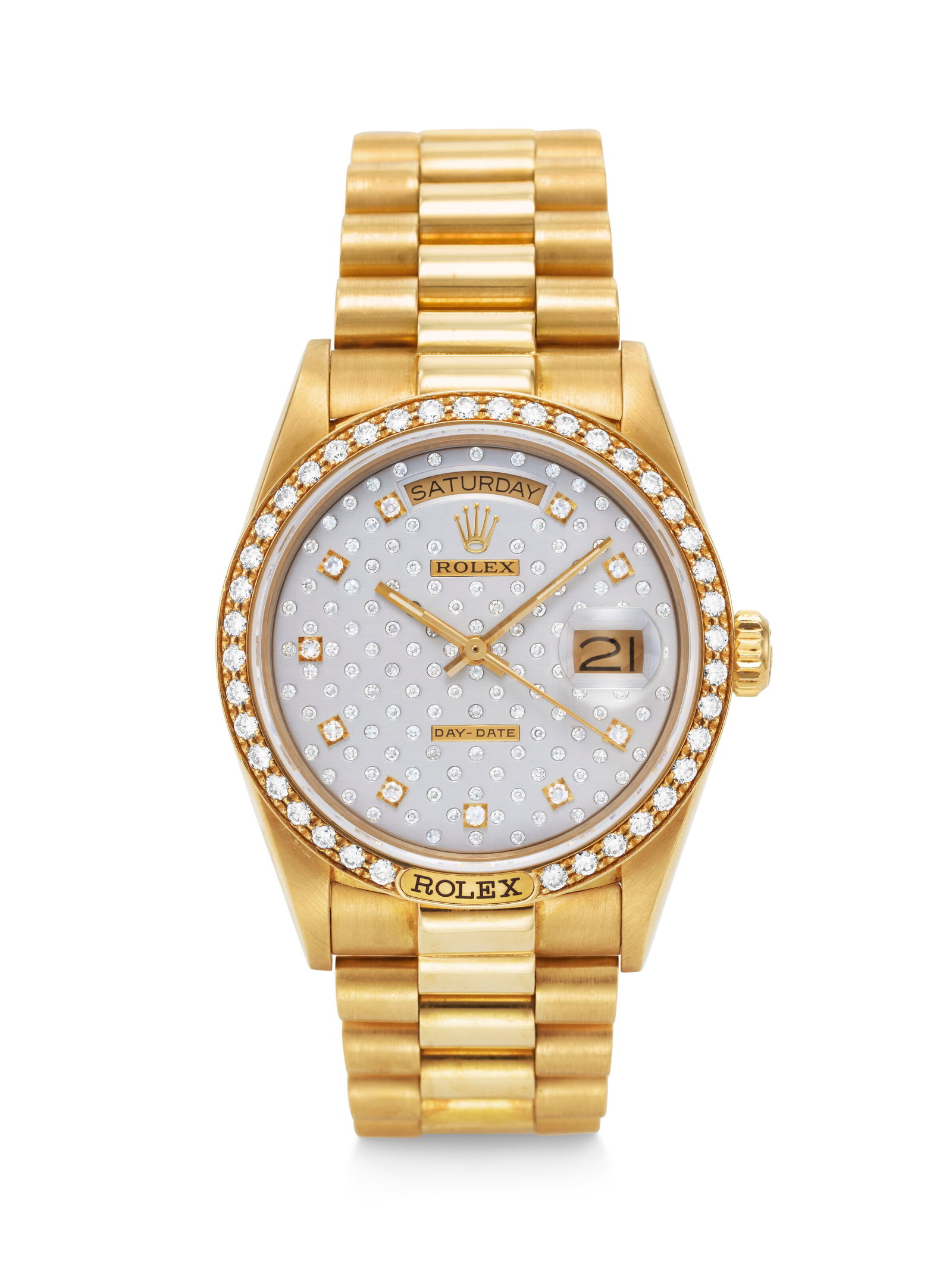 ROLEX. AN OPLUENT AND RARE 18K GOLD AND DIAMOND-SET AUTOMATIC WRISTWATCH WITH DAY, DATE, BRACELET (1 of 3)