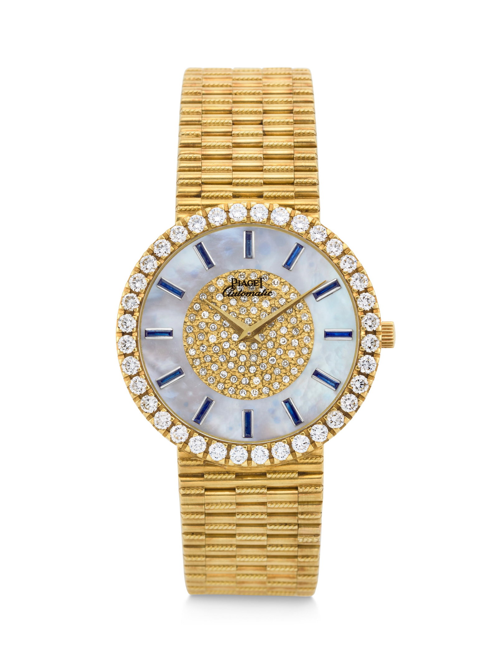 PIAGET. AN OPULENT AND UNUSUAL 18K GOLD AND DIAMOND-SET AUTOMATIC WRISTWATCH WITH DIAMOND, MOTHER OF: PIAGET. AN OPULENT AND UNUSUAL 18K GOLD AND DIAMOND-SET AUTOMATIC WRISTWATCH WITH DIAMOND, MOTHER OF PEARL, AND BLUE SAPPHIRE DIAL REF. 12336 G2, MOVEMENT NO. 900'617, CASE NO. 540’478, C P, MAN