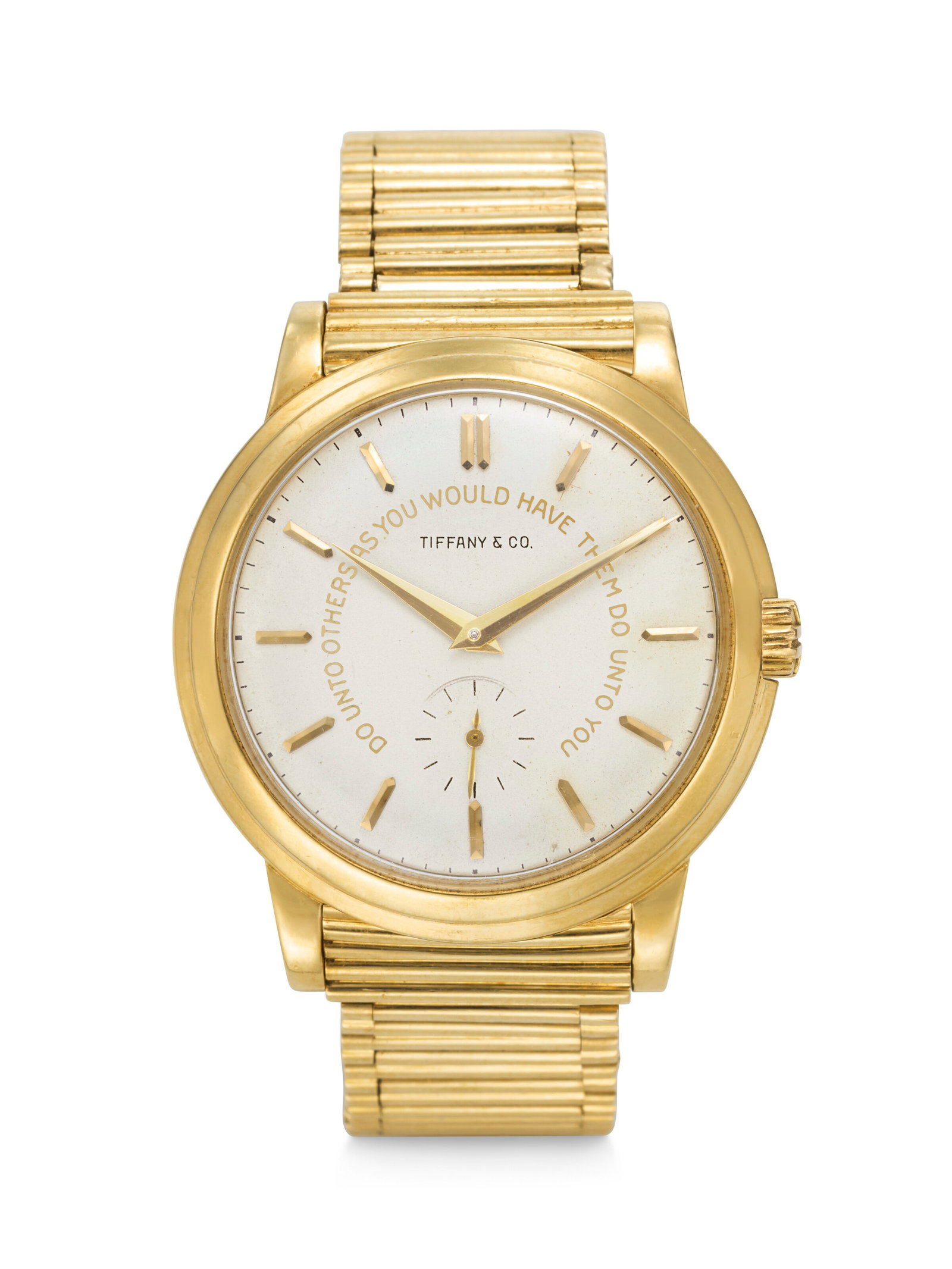 PATEK PHILIPPE. A HISTORICALLY IMPORTANT AND SUPREMELY RARE 18K GOLD AUTOMATIC WRISTWATCH WITH: PATEK PHILIPPE. A HISTORICALLY IMPORTANT AND SUPREMELY RARE 18K GOLD AUTOMATIC WRISTWATCH WITH 'GOLDEN RULE' DIAL AND BRACELET, RETAILED BY TIFFANY & CO. FOR U.S. PRESIDENT LYNDON B. JOHNSON CALATRAVA