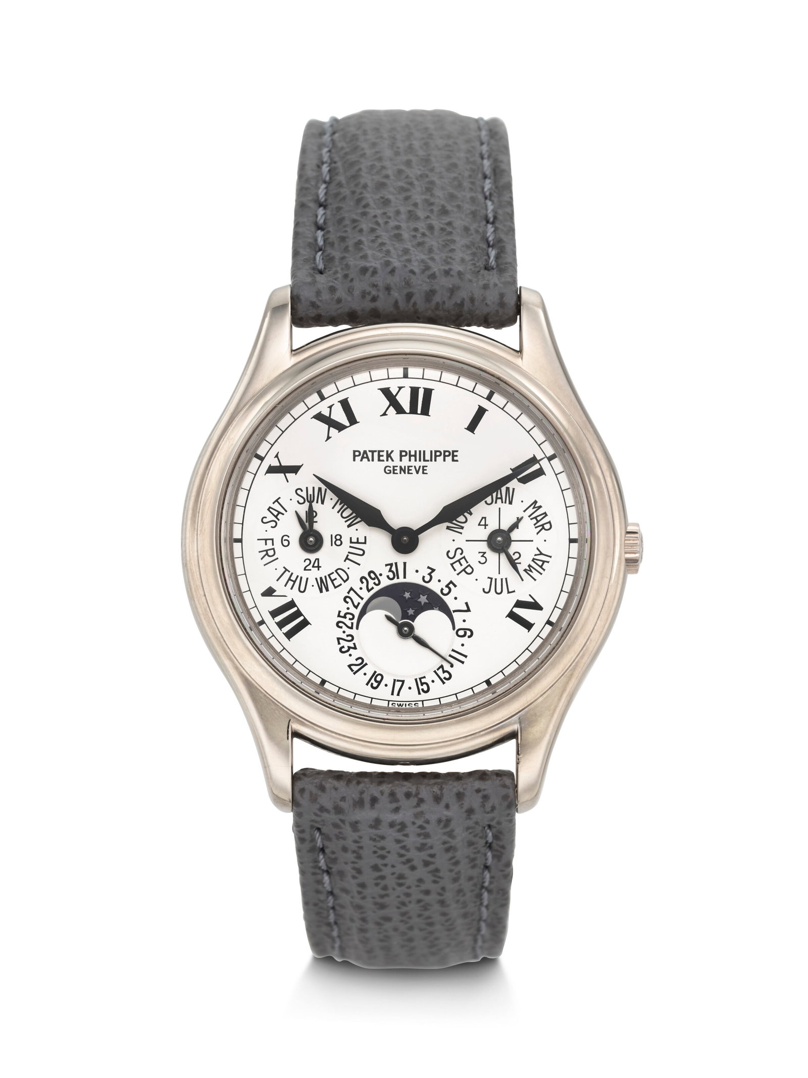 PATEK PHILIPPE. A RARE AND ELEGANT 18K WHITE GOLD AUTOMATIC PERPETUAL CALENDAR WRISTWATCH WITH MOON (1 of 4)