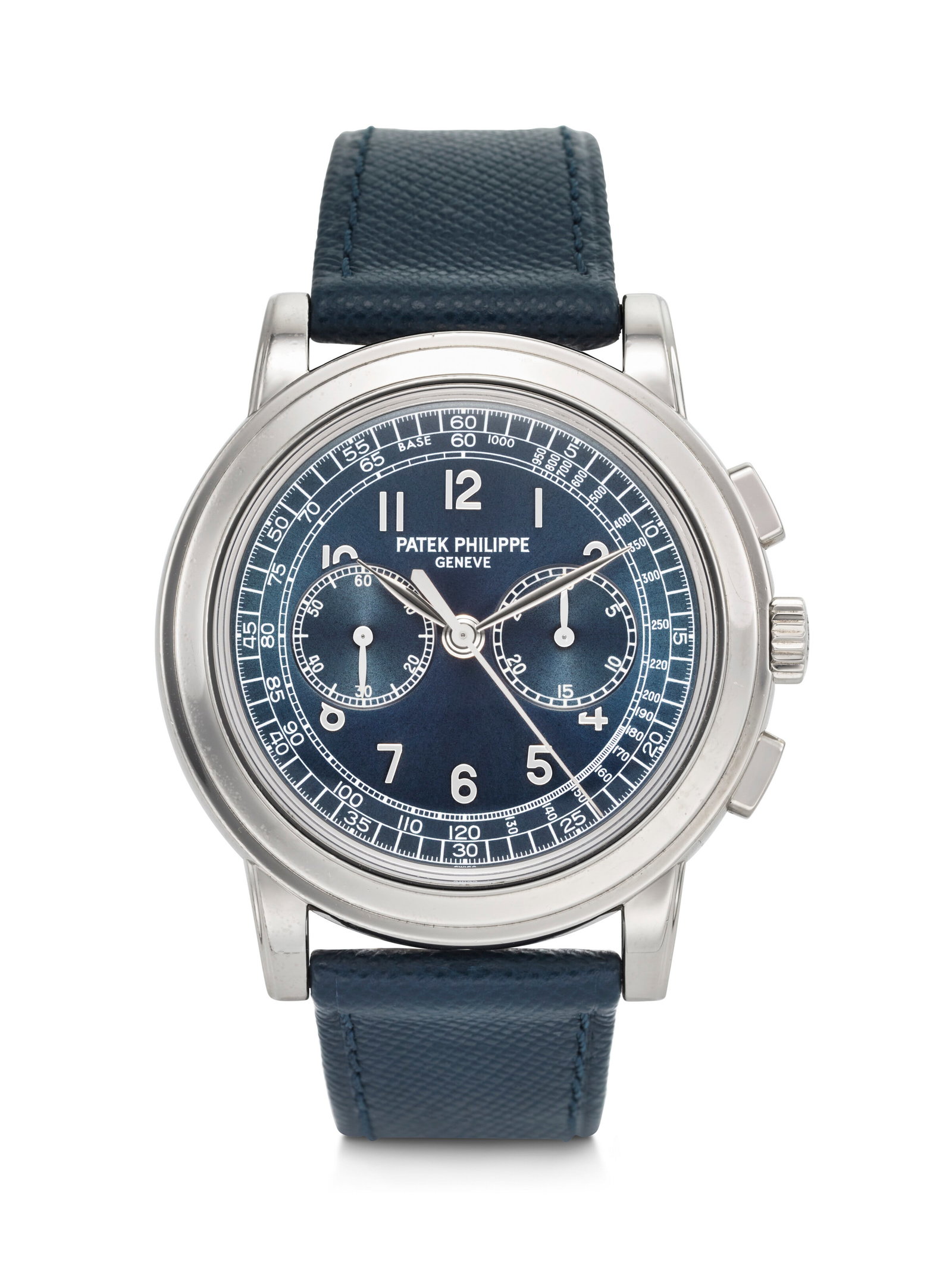 PATEK PHILIPPE. A VERY RARE, LARGE, AND ELEGANT PLATINUM CHRONOGRAPH WRISTWATCH WITH BLUE CLOUD DIAL: PATEK PHILIPPE. A VERY RARE, LARGE, AND ELEGANT PLATINUM CHRONOGRAPH WRISTWATCH WITH BLUE CLOUD DIAL REF. 5070P-001, MOVEMENT NO. 3'715'575, CASE NO. 4'465'280, CIRCA 2009 Details PATEK PHILIPPE. A VE