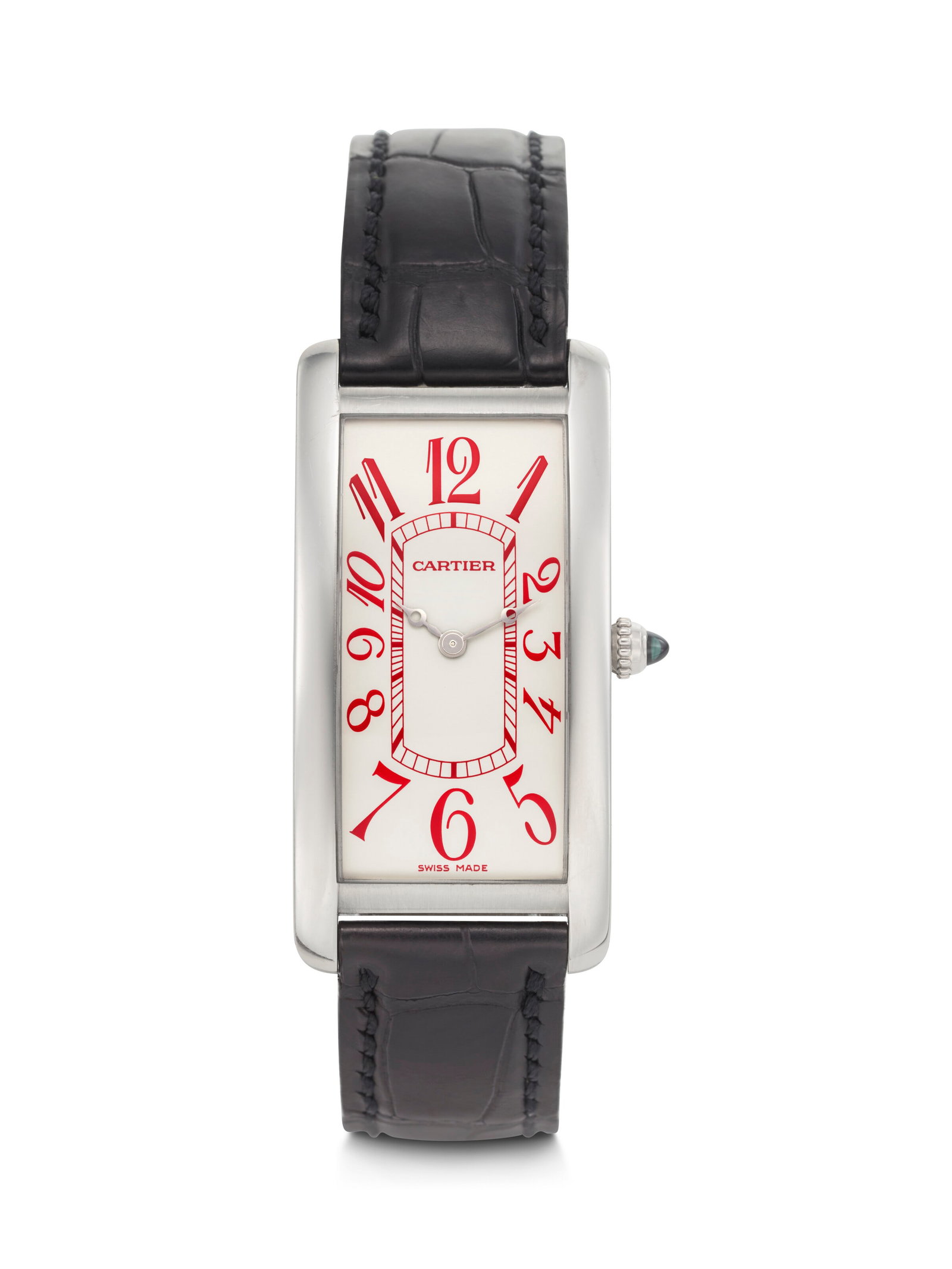 CARTIER. A UNIQUE AND EXTREMELY ATTRACTIVE PLATINUM LARGE RECTANGULAR CURVED WRISTWATCH WITH RED (1 of 4)