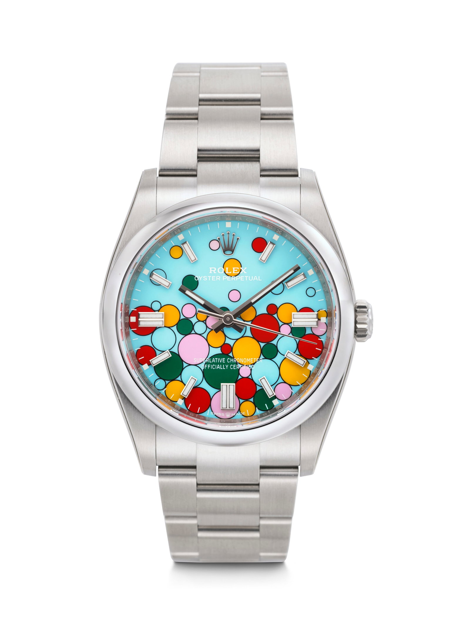 ROLEX. AN 'UNWORN', STICKERED, AND VIBRANT STAINLESS STEEL AUTOMATIC WRISTWATCH WITH 'CELEBRATION' (1 of 4)