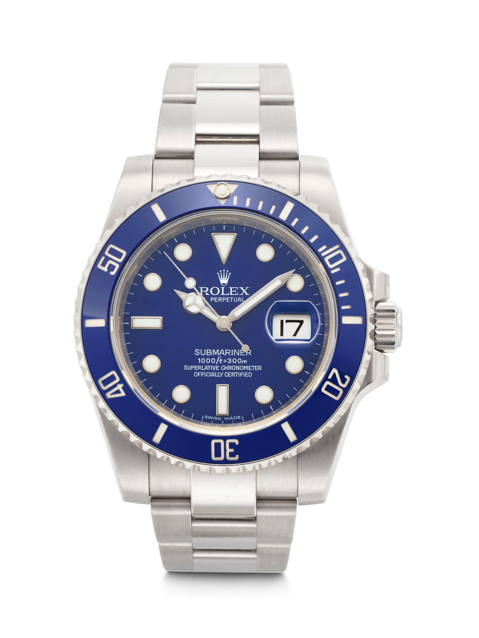 ROLEX. A SPORTY AND HEAVY 18K WHITE GOLD AUTOMATIC WRISTWATCH WITH SWEEP CENTER SECONDS, DATE AND: ROLEX. A SPORTY AND HEAVY 18K WHITE GOLD AUTOMATIC WRISTWATCH WITH SWEEP CENTER SECONDS, DATE AND BRACELET SUBMARINER DATE 'SMURF' MODEL, REF. 116619LB, CASE NO. V336684, CIRCA 2009 Details ROLEX. A S
