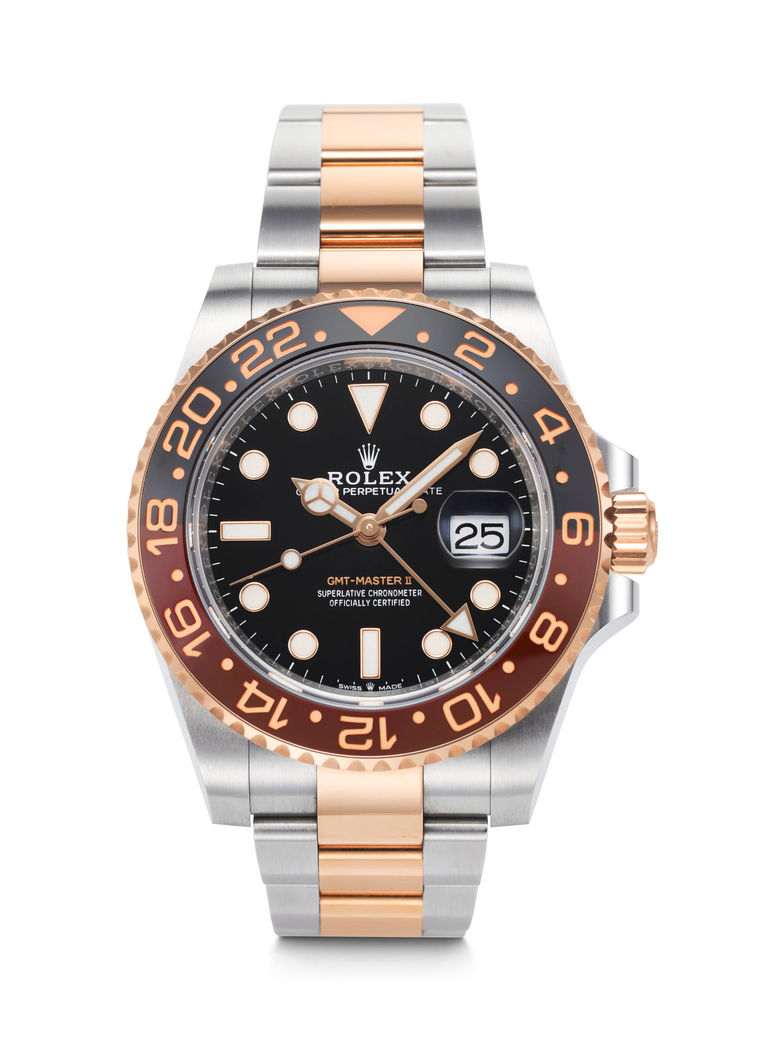 ROLEX. A SPORTY AND ATTRACTIVE 18K PINK GOLD AND STAINLESS STEEL AUTOMATIC DUAL TIME WRISTWATCH WITH (1 of 4)