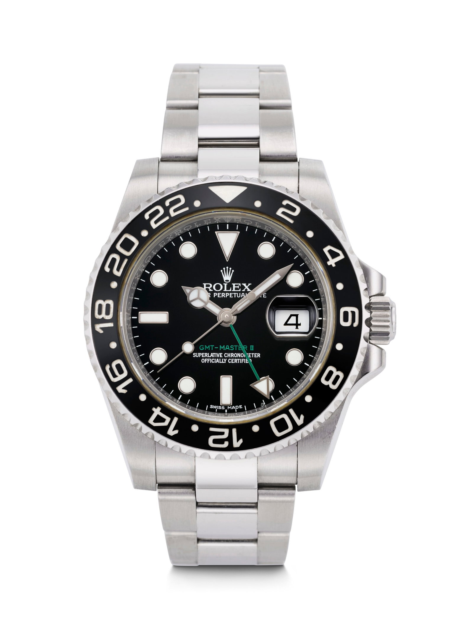 ROLEX. A SPORTY STAINLESS STEEL DUAL TIME AUTOMATIC WRISTWATCH WITH DATE AND BRACELET GMT-MASTER II: ROLEX. A SPORTY STAINLESS STEEL DUAL TIME AUTOMATIC WRISTWATCH WITH DATE AND BRACELET GMT-MASTER II MODEL, REF. 116710LN, CASE NO. 41ZQ4321, CIRCA 2015 Details ROLEX. A SPORTY STAINLESS STEEL DUAL TIM