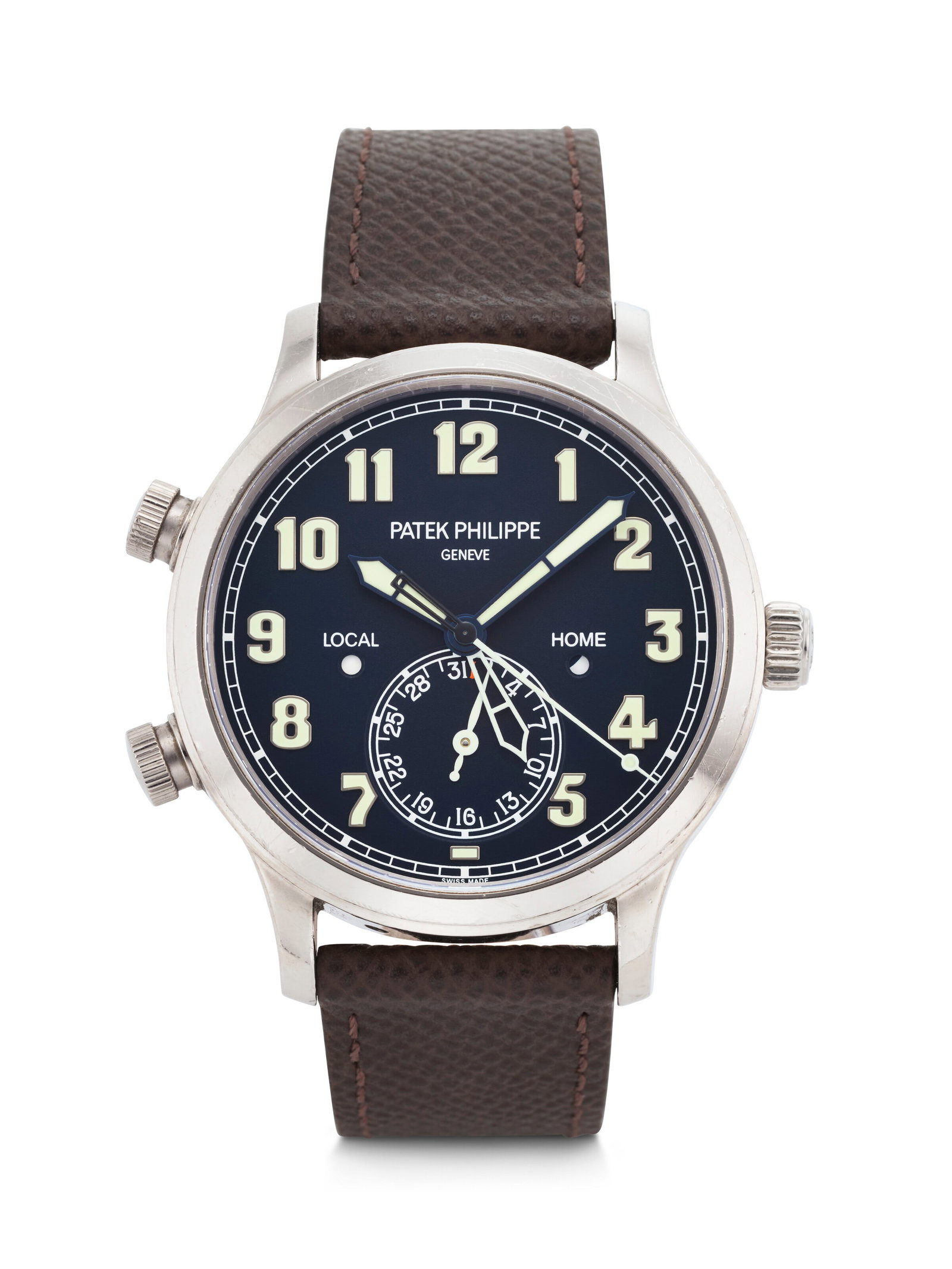 PATEK PHILIPPE. A LARGE AND ATTRACTIVE 18K WHITE GOLD AUTOMATIC DUAL TIME WRISTWATCH WITH SWEEP (1 of 4)