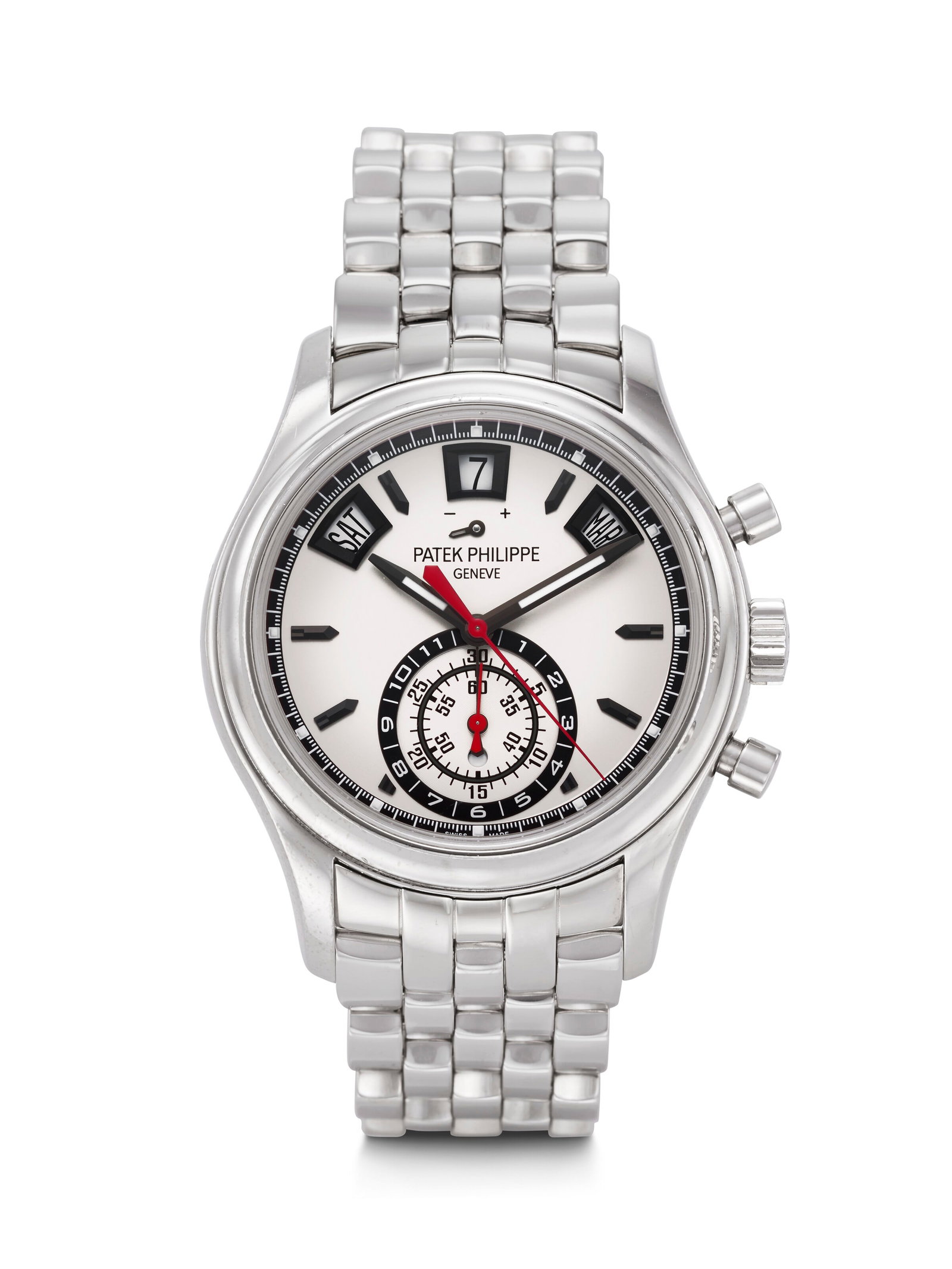 PATEK PHILIPPE. A SPORTY AND ATTRACTIVE STAINLESS STEEL AUTOMATIC ANNUAL CALENDAR FLYBACK: PATEK PHILIPPE. A SPORTY AND ATTRACTIVE STAINLESS STEEL AUTOMATIC ANNUAL CALENDAR FLYBACK CHRONOGRAPH WRISTWATCH WITH POWER RESERVE, DAY/NIGHT INDICATION, AND BRACELET ANNUAL CALENDAR FLYBACK CHRONOGR