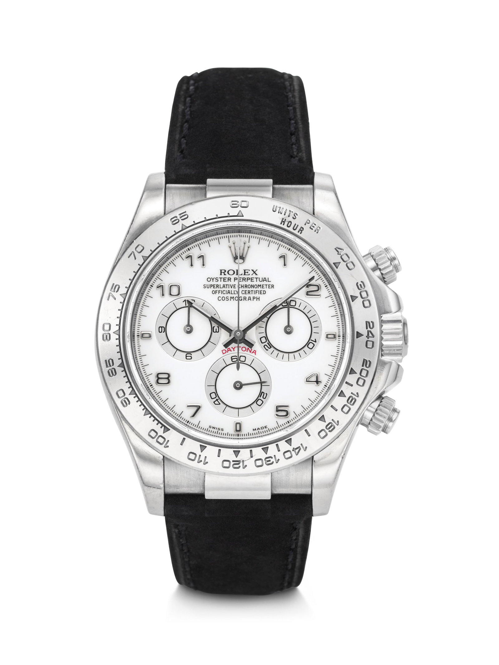ROLEX. A COVETED AND SPORTY 18K WHITE GOLD AUTOMATIC CHRONOGRAPH WRISTWATCH WITH WHITE ARABIC: ROLEX. A COVETED AND SPORTY 18K WHITE GOLD AUTOMATIC CHRONOGRAPH WRISTWATCH WITH WHITE ARABIC NUMERAL DIAL DAYTONA MODEL, REF. 116519 , CASE NO. P184963 , CIRCA 2000 Details ROLEX. A COVETED AND SPORT