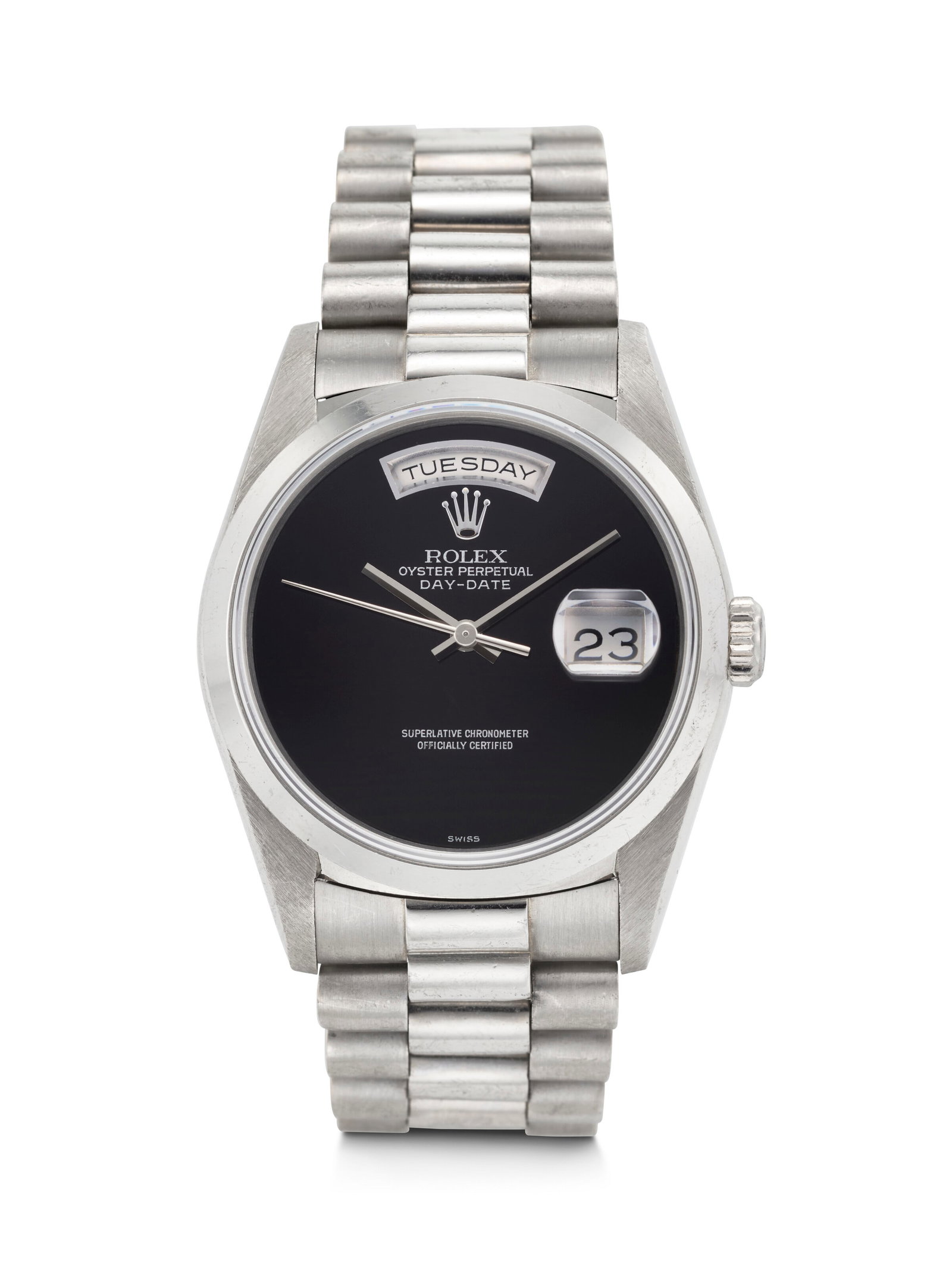 ROLEX. AN EXCEEDINGLY RARE, DESIRABLE, AND STEALTHY PLATINUM AUTOMATIC WRISTWATCH WITH BLACK ONYX: ROLEX. AN EXCEEDINGLY RARE, DESIRABLE, AND STEALTHY PLATINUM AUTOMATIC WRISTWATCH WITH BLACK ONYX DIAL AND BRACELET DAY-DATE MODEL, REF. 18206, CASE NO. L882554, CIRCA 1989 Details ROLEX. AN EXCEEDING