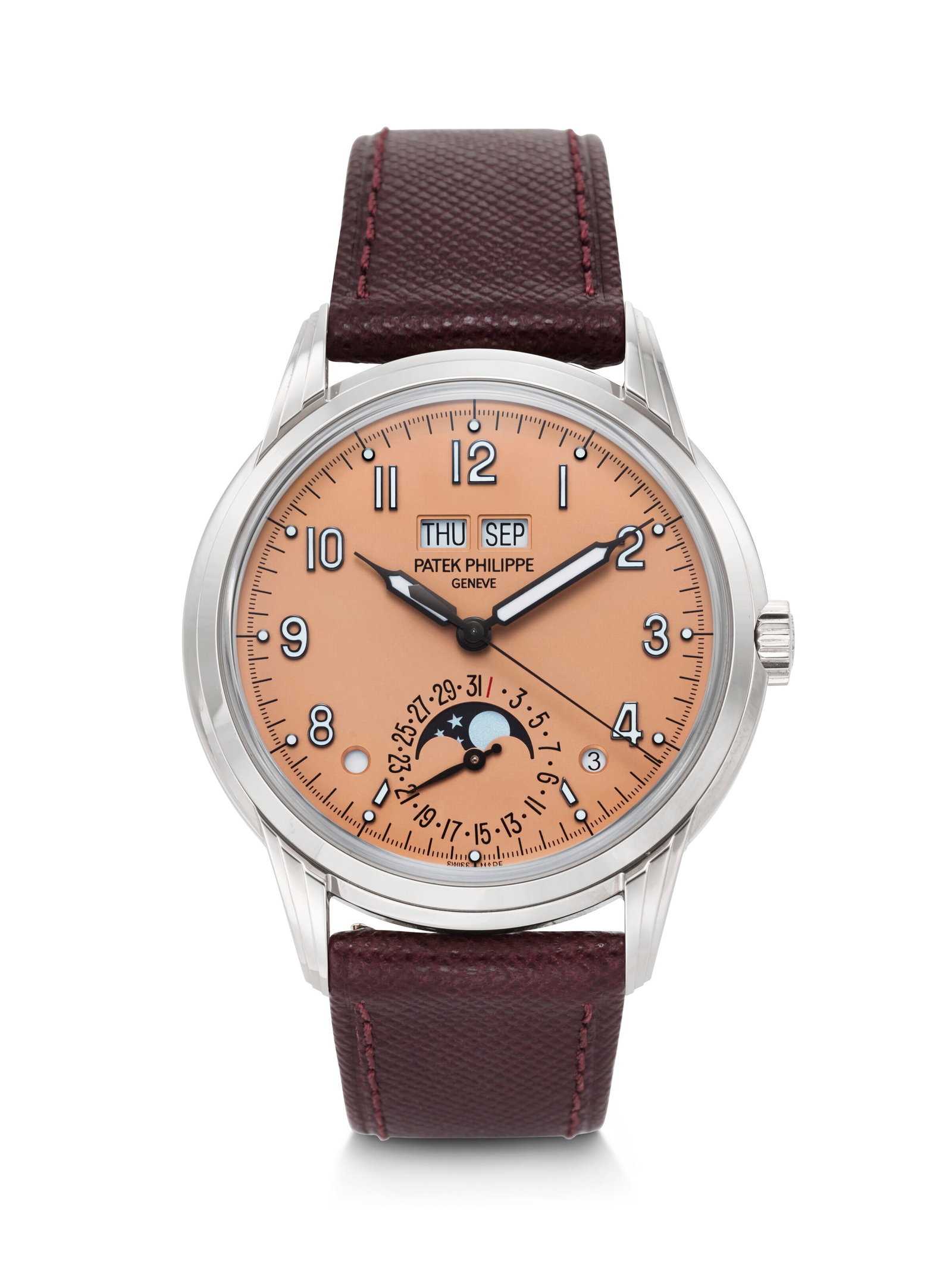 PATEK PHILIPPE. A VERY ATTRACTIVE AND ELEGANT 18K WHITE GOLD AUTOMATIC PERPETUAL CALENDAR WRISTWATCH (1 of 4)