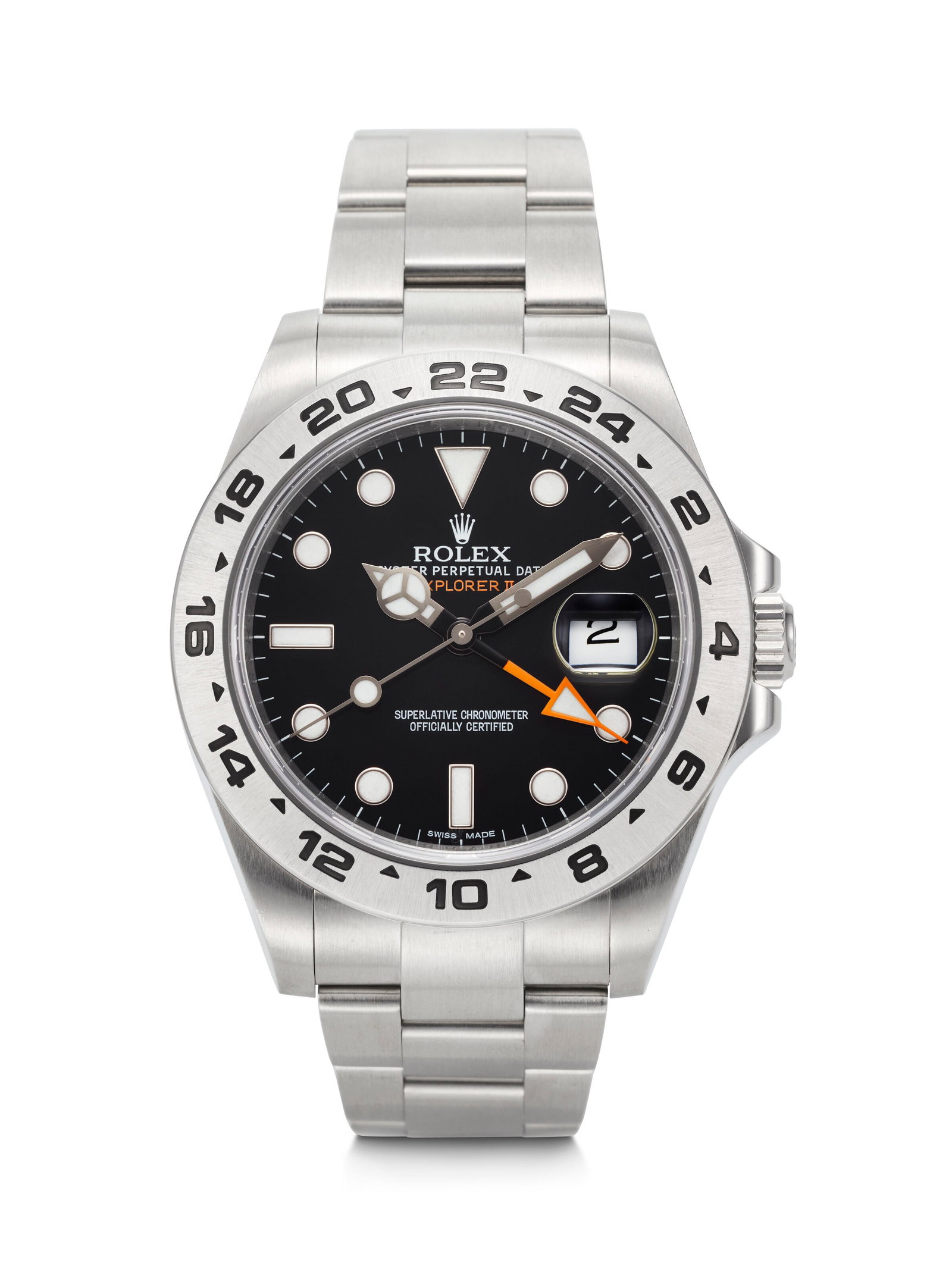 ROLEX. A SPORTY STAINLESS STEEL DUAL TIME AUTOMATIC WRISTWATCH WITH DATE AND BRACELET EXPLORER II: ROLEX. A SPORTY STAINLESS STEEL DUAL TIME AUTOMATIC WRISTWATCH WITH DATE AND BRACELET EXPLORER II MODEL, REF. 216570, CASE NO. 9N878562, CIRCA 2011 Details ROLEX. A SPORTY STAINLESS STEEL DUAL TIME AU