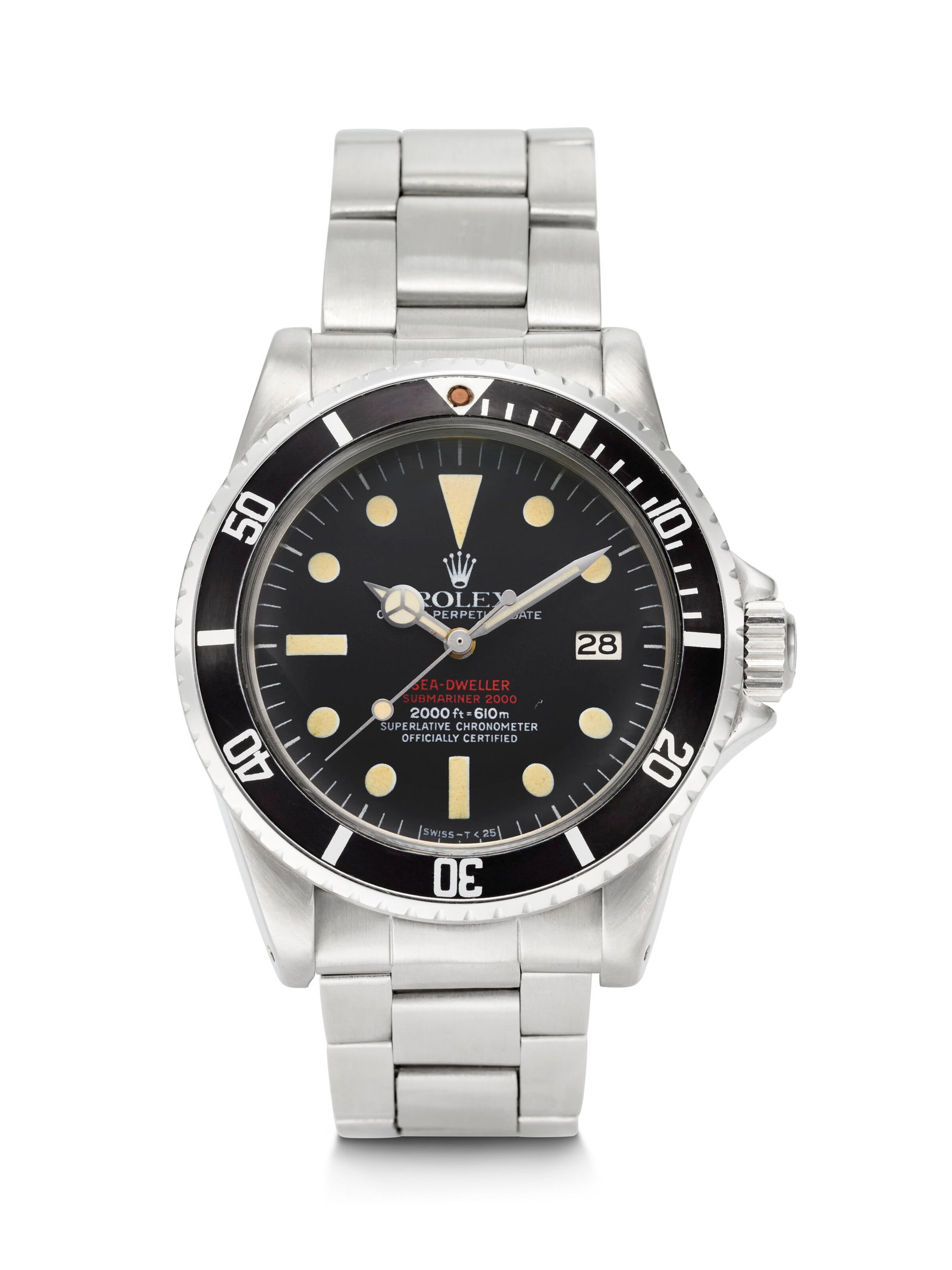 ROLEX. A HIGHLY RARE AND ATTRACTIVE STAINLESS STEEL AUTOMATIC WRISTWATCH WITH DATE, SWEEP CENTER: ROLEX. A HIGHLY RARE AND ATTRACTIVE STAINLESS STEEL AUTOMATIC WRISTWATCH WITH DATE, SWEEP CENTER SECONDS, AND BRACELET, RETAILED BY ASPREY ‘DOUBLE RED’ SEA-DWELLER SUBMARINER 2000 MODEL, R
