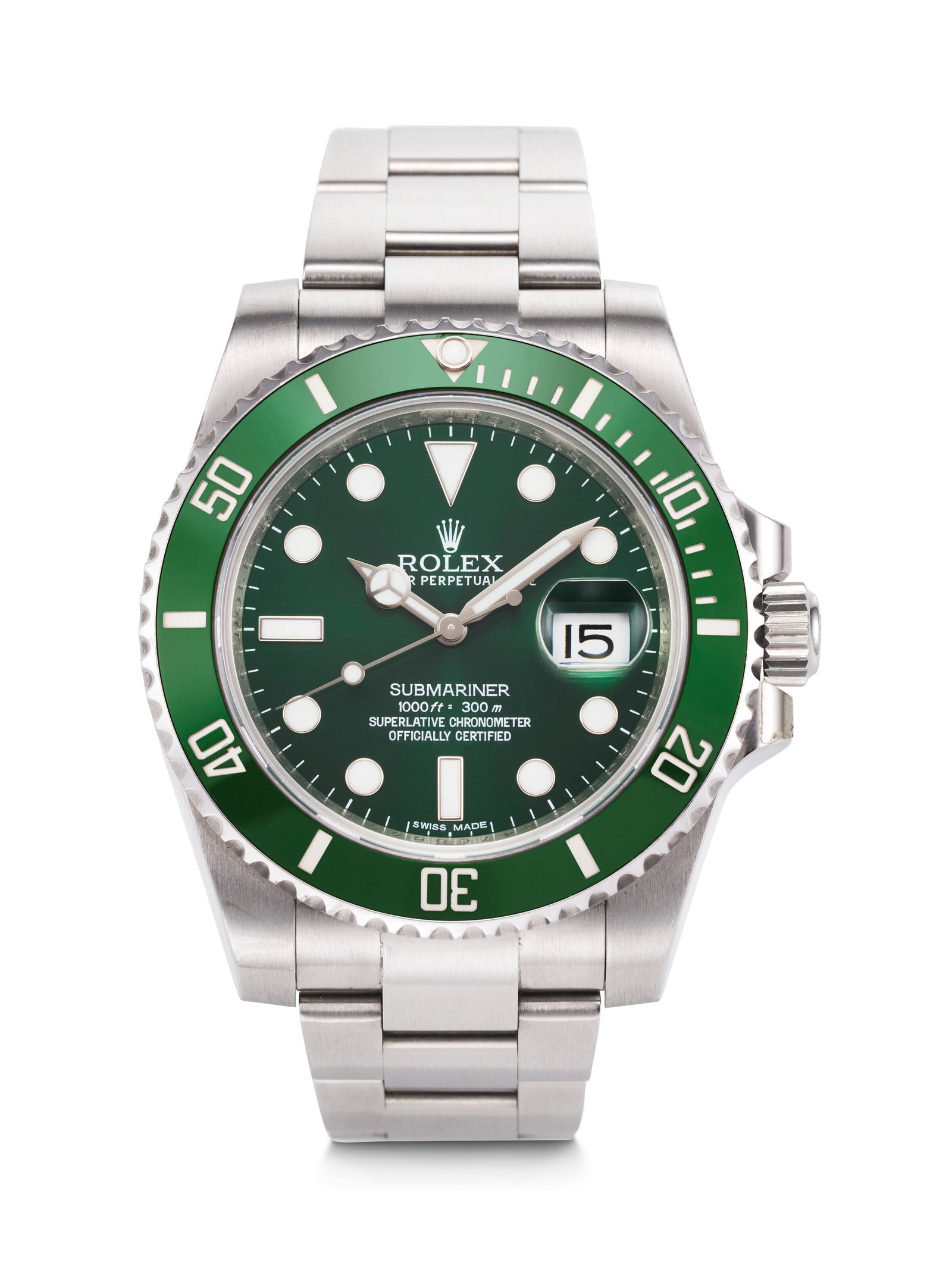 ROLEX. A SPORTY AND VIBRANT STAINLESS STEEL AUTOMATIC WRISTWATCH WITH BRACELET AND DATE SUBMARINER: ROLEX. A SPORTY AND VIBRANT STAINLESS STEEL AUTOMATIC WRISTWATCH WITH BRACELET AND DATE SUBMARINER DATE 'HULK' MODEL, REF. 116610LV, CASE NO. 647C5833, CIRCA 2010s Details ROLEX. A SPORTY AND VIBRANT 