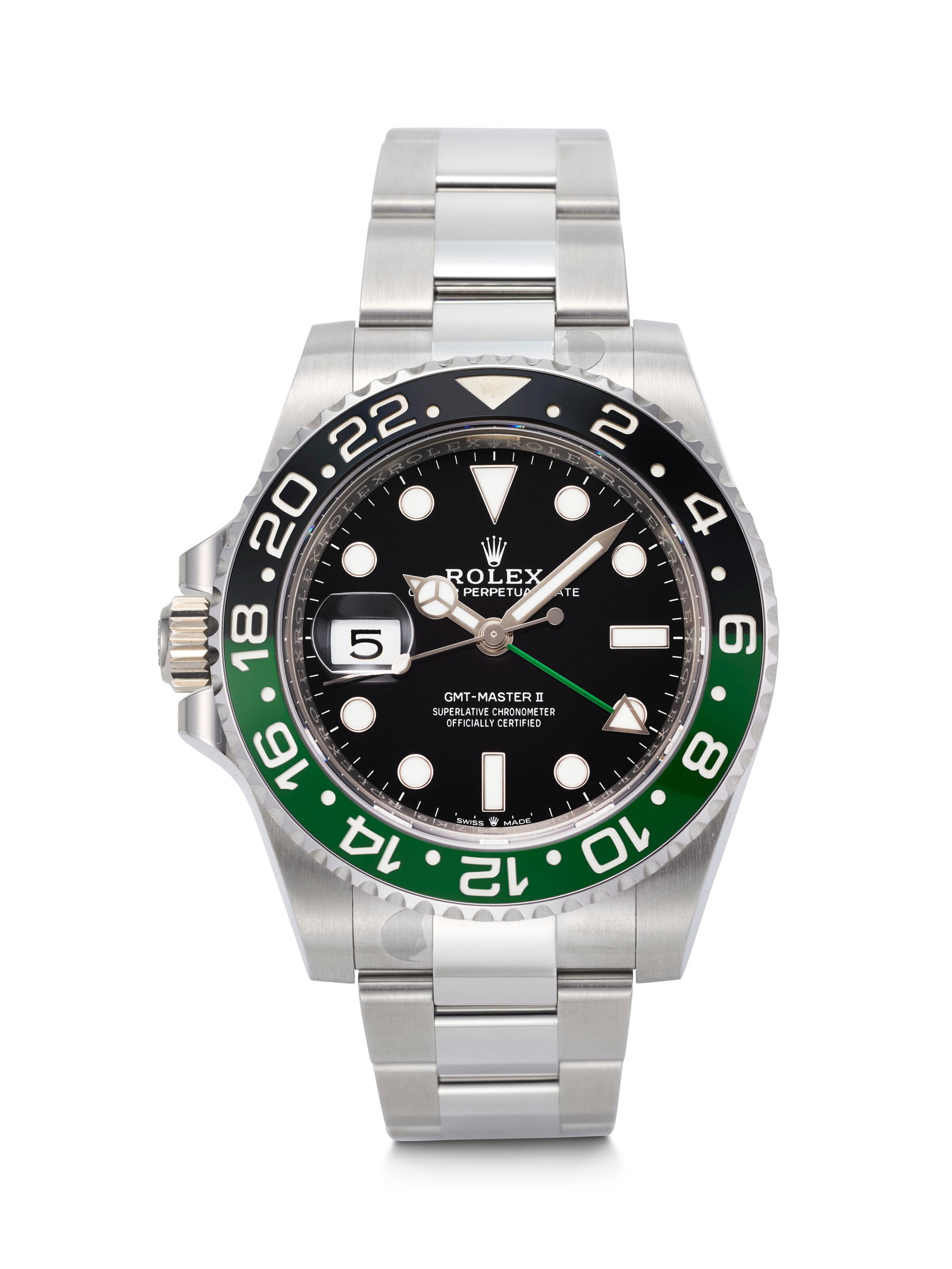 ROLEX. A SPORTY AND UNUSUAL DESTRO DUAL TIME AUTOMATIC WRISTWATCH WITH DATE AND BRACELET GMT-MASTER: ROLEX. A SPORTY AND UNUSUAL DESTRO DUAL TIME AUTOMATIC WRISTWATCH WITH DATE AND BRACELET GMT-MASTER II 'SPRITE' MODEL, REF. 126720VTNR, CASE NO. 067Z87K9, CIRCA 2023 Details ROLEX. A SPORTY AND UNUSUA