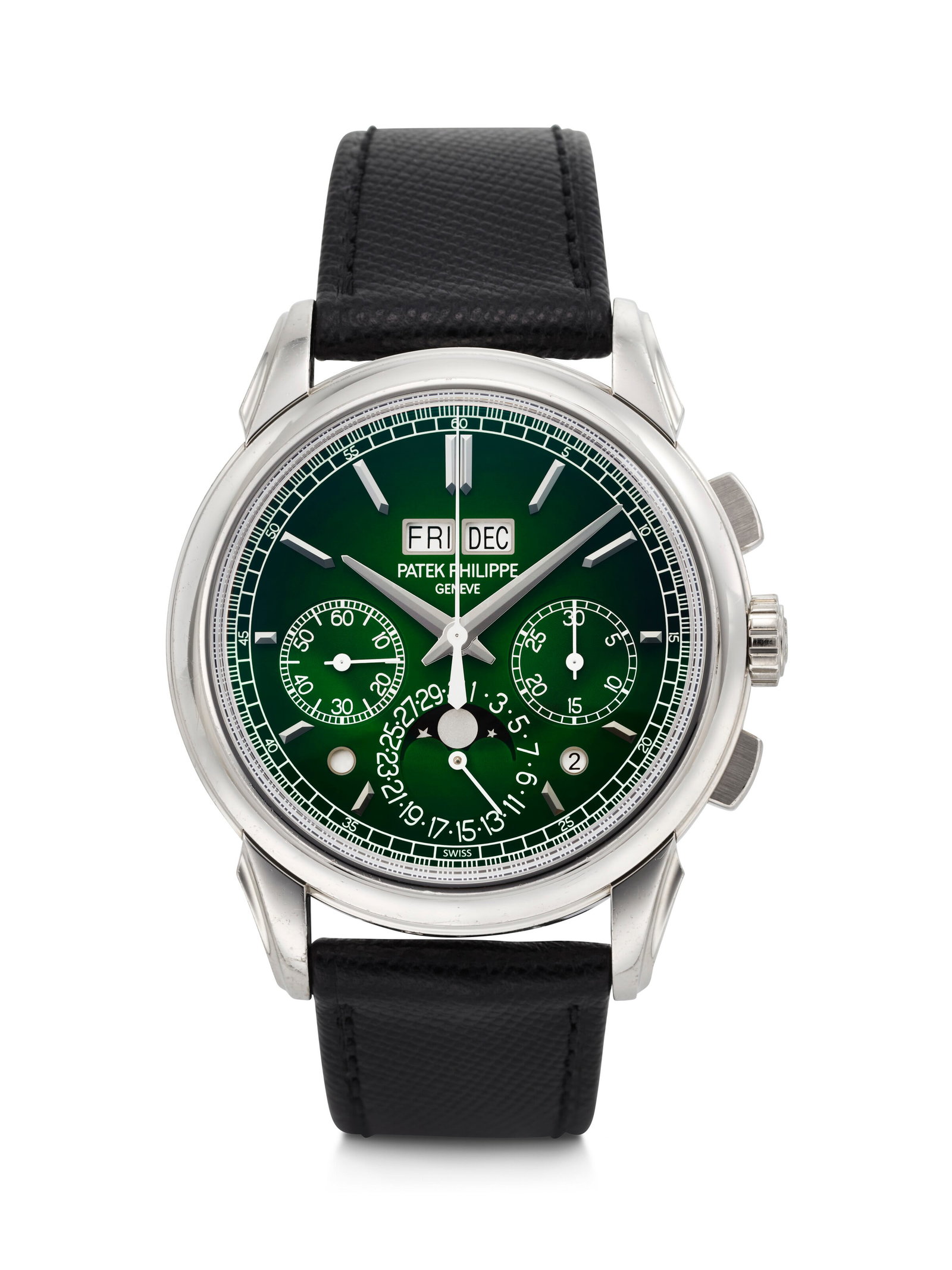 PATEK PHILIPPE. A VIBRANT AND HIGHLY IMPRESSIVE PLATINUM PERPETUAL CALENDAR CHRONOGRAPH WRISTWATCH (1 of 4)