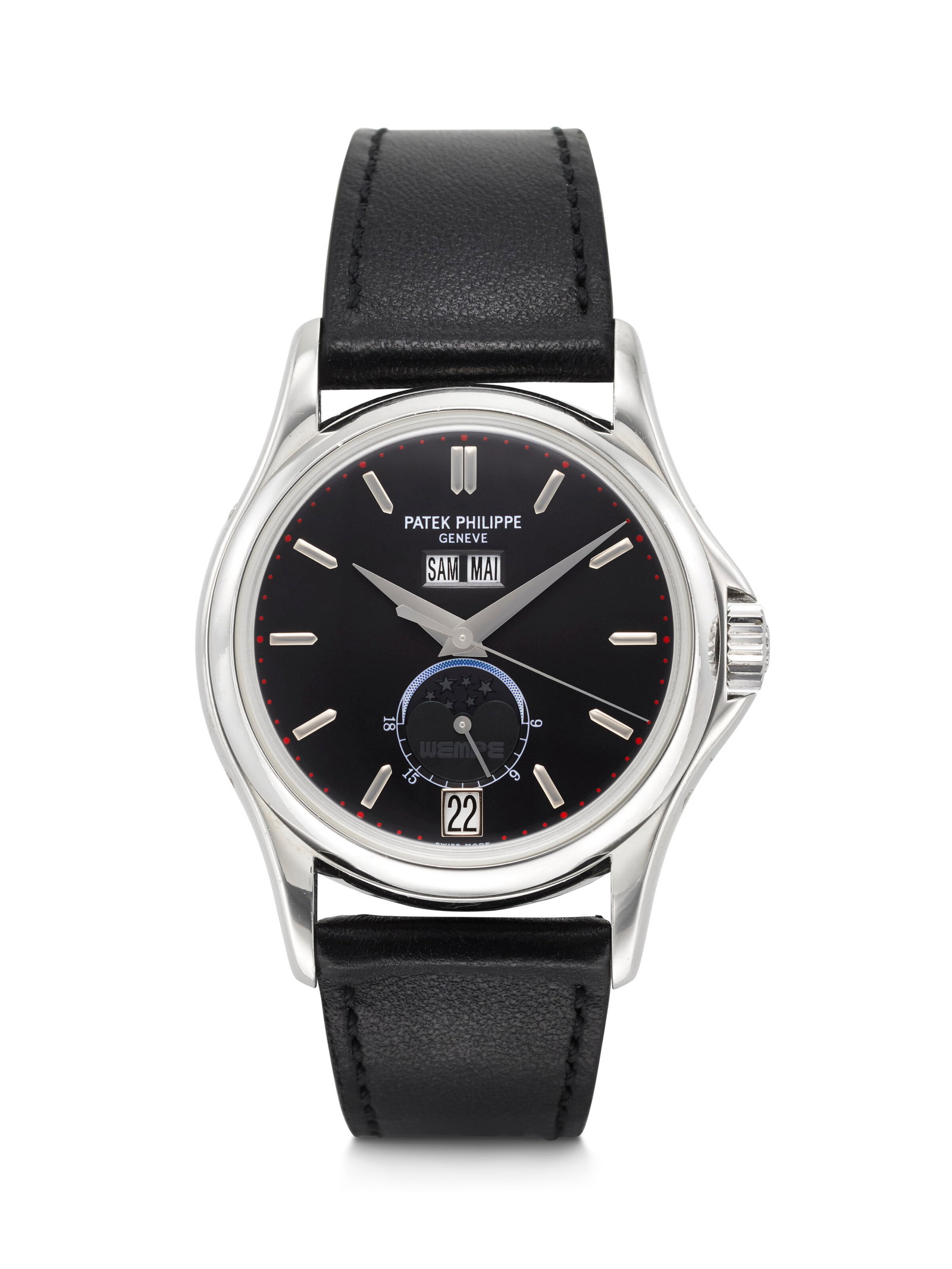 PATEK PHILIPPE. A VERY RARE AND HEAVY LIMITED EDITION PLATINUM AUTOMATIC ANNUAL CALENDAR WRISTWATCH: PATEK PHILIPPE. A VERY RARE AND HEAVY LIMITED EDITION PLATINUM AUTOMATIC ANNUAL CALENDAR WRISTWATCH WITH MOON PHASES AND SWEEP CENTER SECONDS, MADE TO COMMEMORATE THE 125TH ANNIVERSARY OF THE PARTNERS