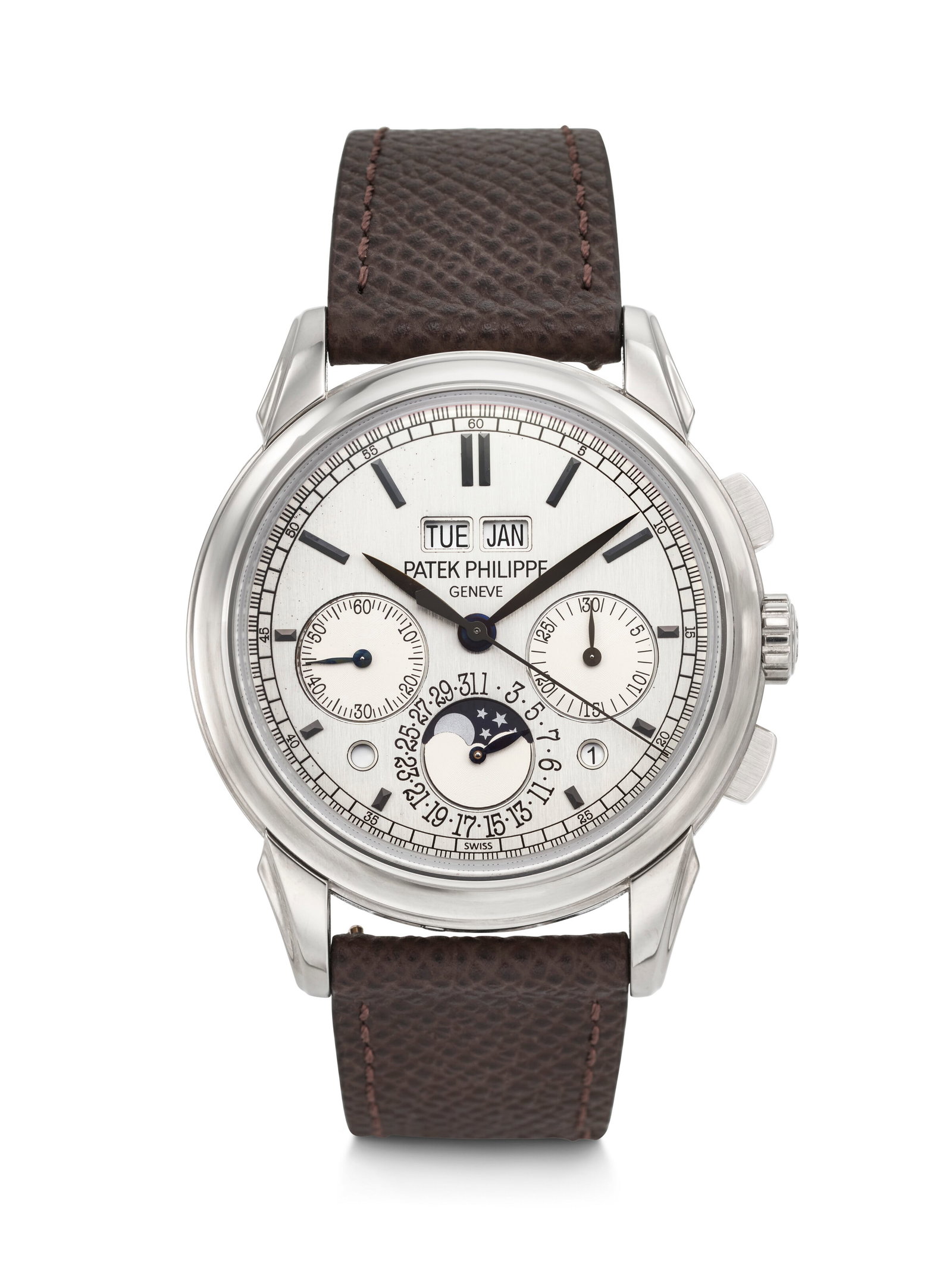 PATEK PHILIPPE. AN ELEGANT AND COVETED 18K WHITE GOLD PERPETUAL CALENDAR CHRONOGRAPH WRISTWATCH WITH (1 of 4)