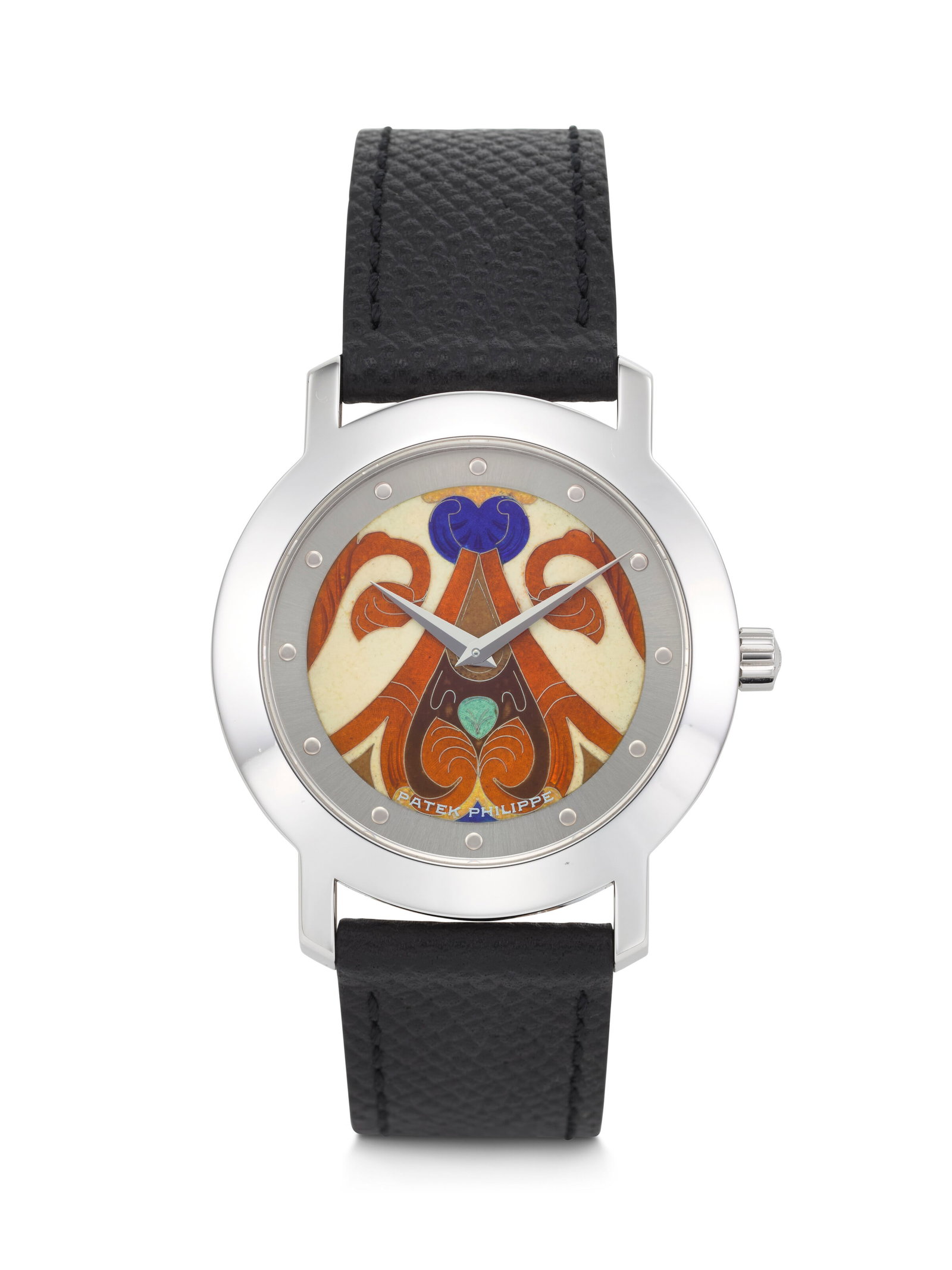 PATEK PHILIPPE. A VERY RARE AND VIBRANT LIMITED EDITION 18K WHITE GOLD AUTOMATIC WRISTWATCH WITH: PATEK PHILIPPE. A VERY RARE AND VIBRANT LIMITED EDITION 18K WHITE GOLD AUTOMATIC WRISTWATCH WITH CLOISONNÉ ENAMEL DIAL DEPICTING ORNAMENTAL DECORATIONS FROM THE MOYEN AGE 'MOYEN AGE' MODEL, RARE 
