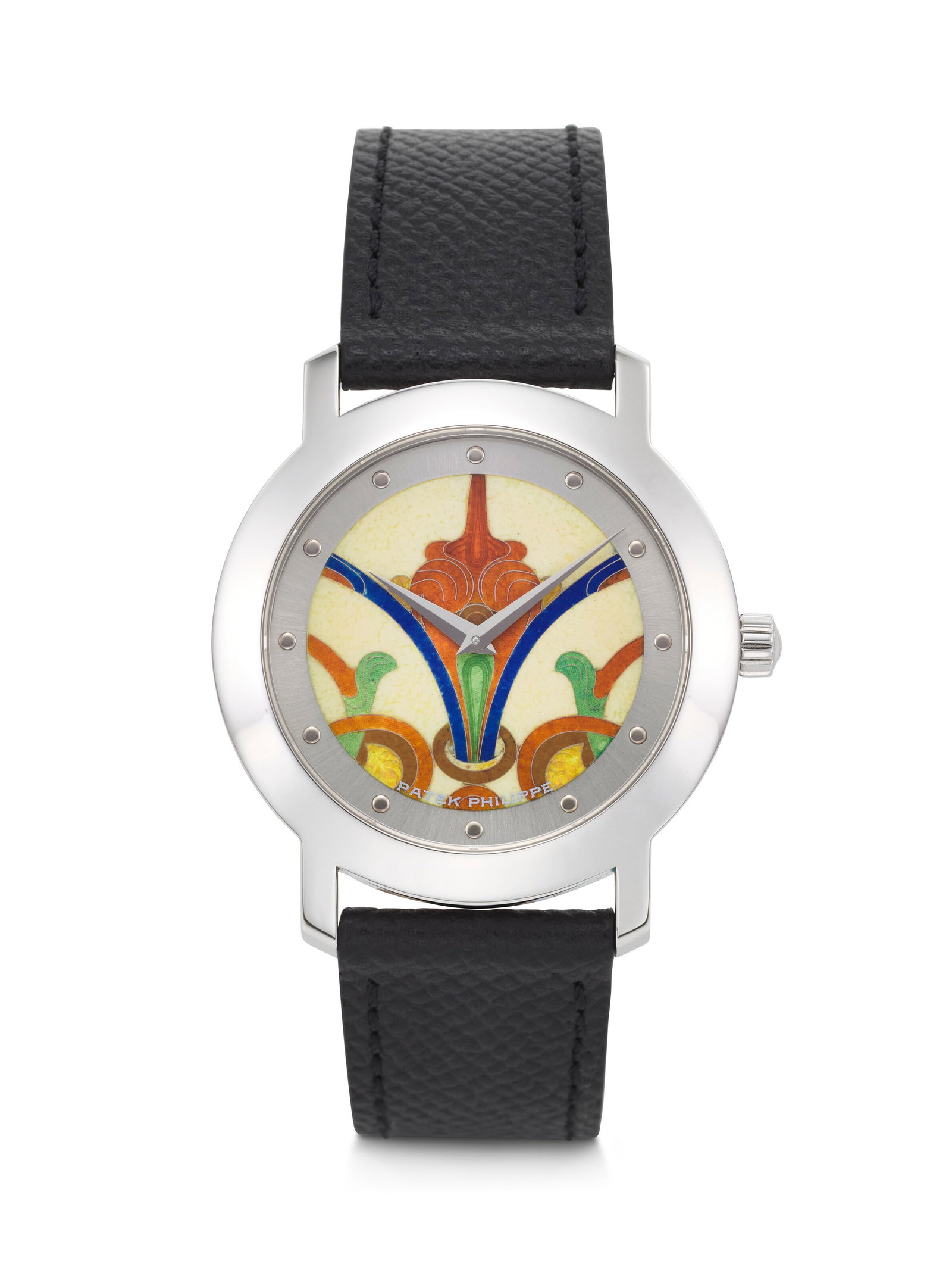 PATEK PHILIPPE. A VERY RARE AND VIBRANT LIMITED EDITION 18K WHITE GOLD AUTOMATIC WRISTWATCH WITH: PATEK PHILIPPE. A VERY RARE AND VIBRANT LIMITED EDITION 18K WHITE GOLD AUTOMATIC WRISTWATCH WITH CLOISONNÉ ENAMEL DIAL DEPICTING ORNAMENTAL DECORATIONS FROM THE MOYEN AGE 'MOYEN AGE' MODEL, RARE 