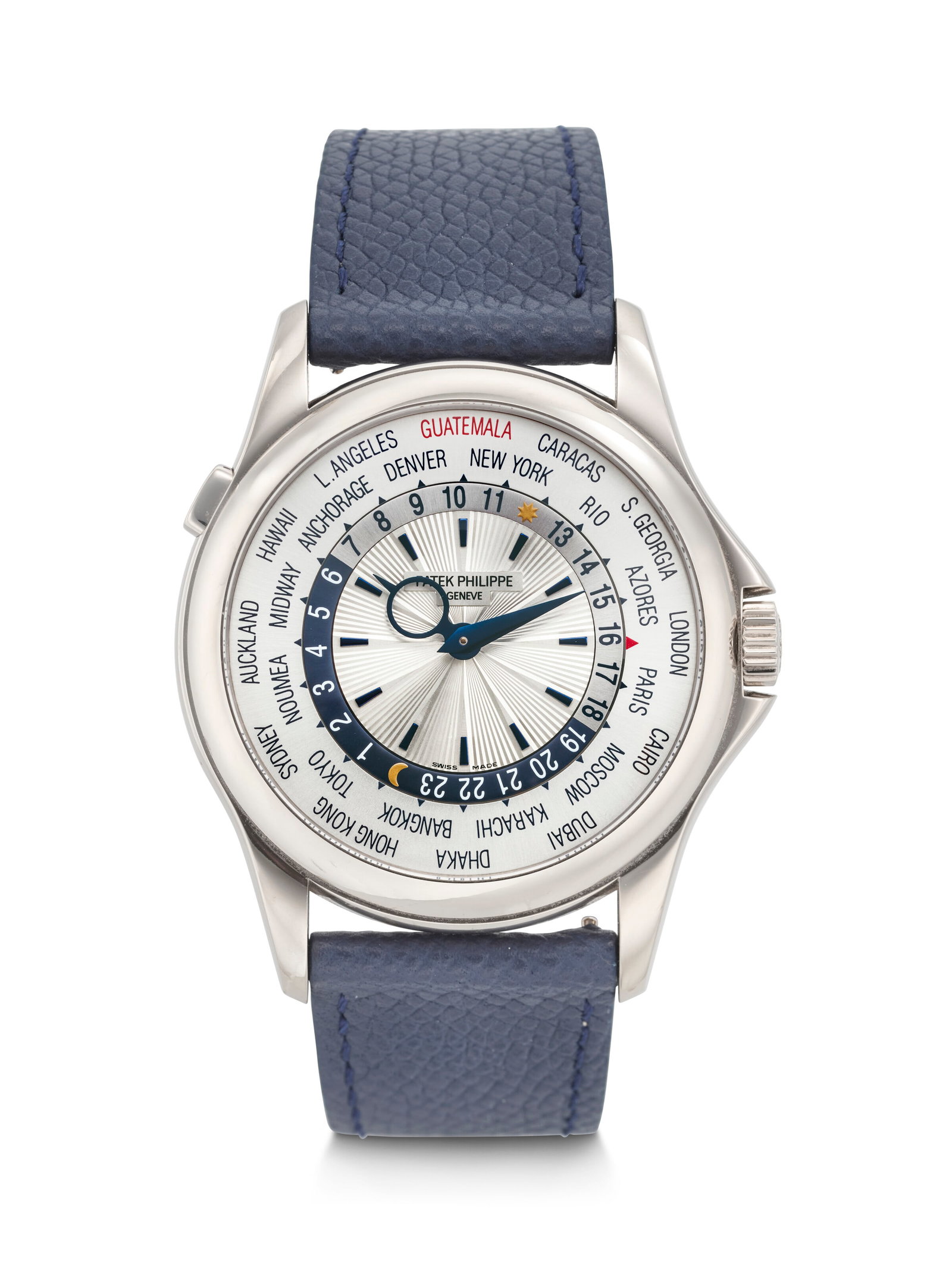 PATEK PHILIPPE. A SPECIAL ORDER AND EXTREMELY RARE 18K WHITE GOLD AUTOMATIC WORLD TIME WRISTWATCH: PATEK PHILIPPE. A SPECIAL ORDER AND EXTREMELY RARE 18K WHITE GOLD AUTOMATIC WORLD TIME WRISTWATCH WITH 'GUATEMALA' DIAL WORLD TIME ‘GUATEMALA’ MODEL, REF. 5130G-013, MOVEMENT NO. 5’6