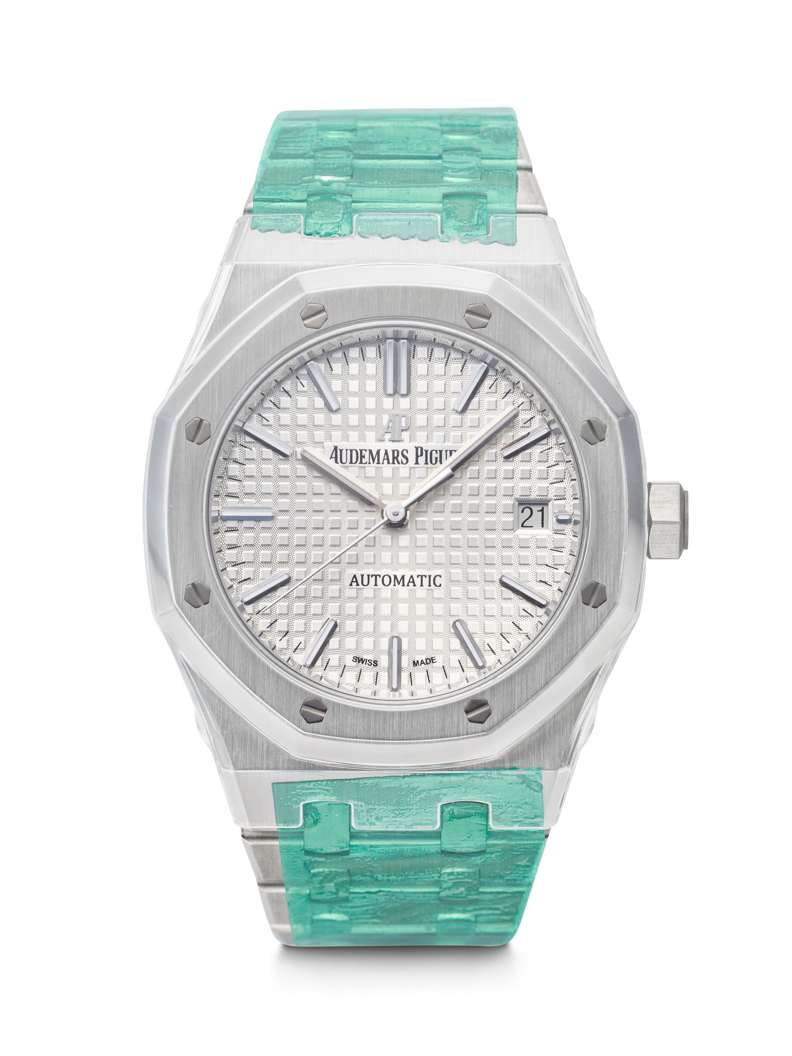 AUDEMARS PIGUET. AN 'UNWORN' AND STICKERED STAINLESS STEEL AUTOMATIC WRISTWATCH WITH BRACELET, DATE,: AUDEMARS PIGUET. AN 'UNWORN' AND STICKERED STAINLESS STEEL AUTOMATIC WRISTWATCH WITH BRACELET, DATE, AND SWEEP CENTER SECONDS ROYAL OAK MODEL, REF. 15450ST, MOVEMENT NO. AN1192, CASE NO. K46657, CIRCA